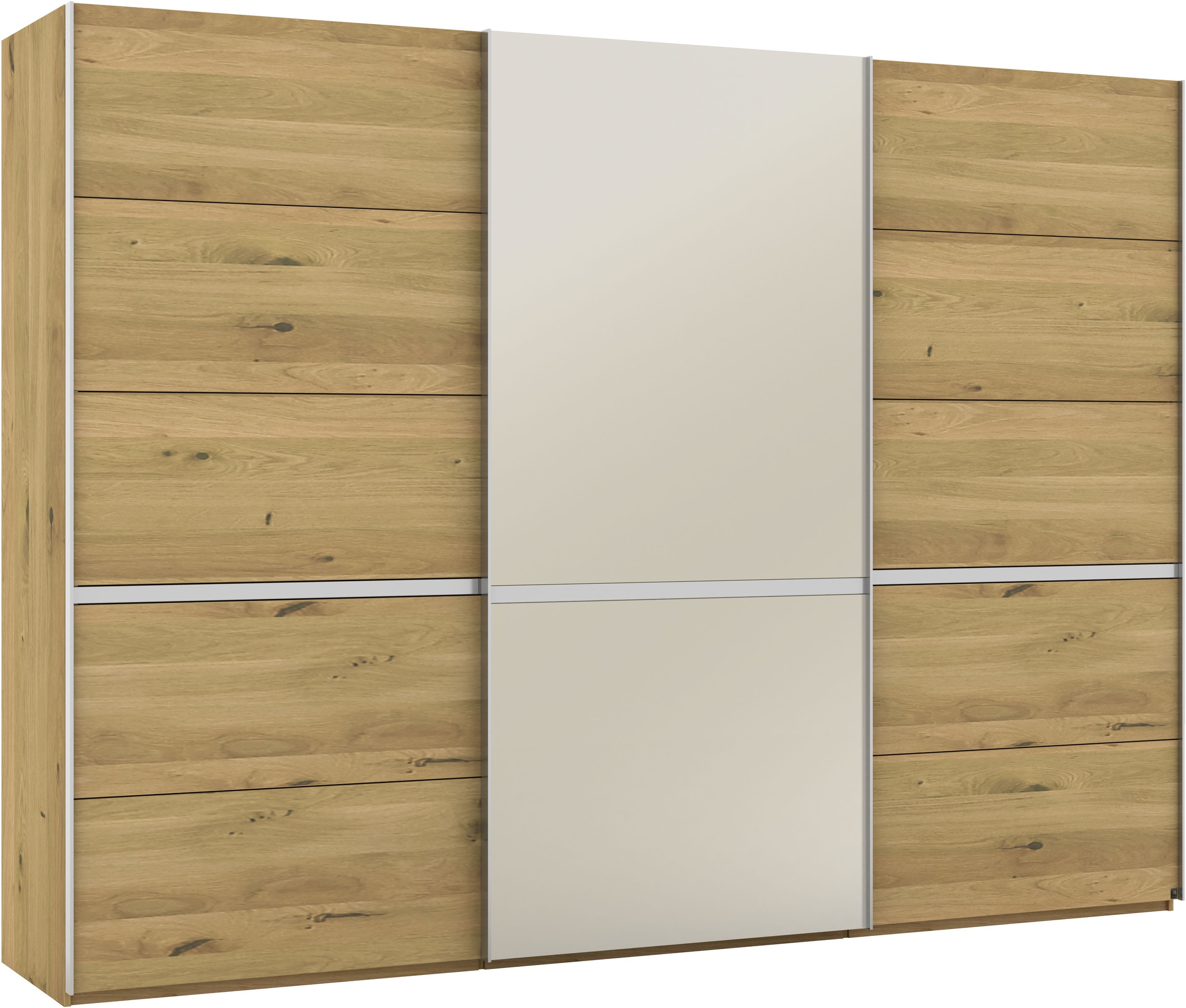 Musterring Schwebetürenschrank »Savona, Kleiderschrank, Schrank, Garderobe, mit Schiebetüren«, (Teilmassiv Bianco-Eiche, mit Spiegel oder Glas, MADE IN GERMANY), Türen Bianco-Eiche massiv, Spiegel-/Glastüren, eingelegte Chromleiste