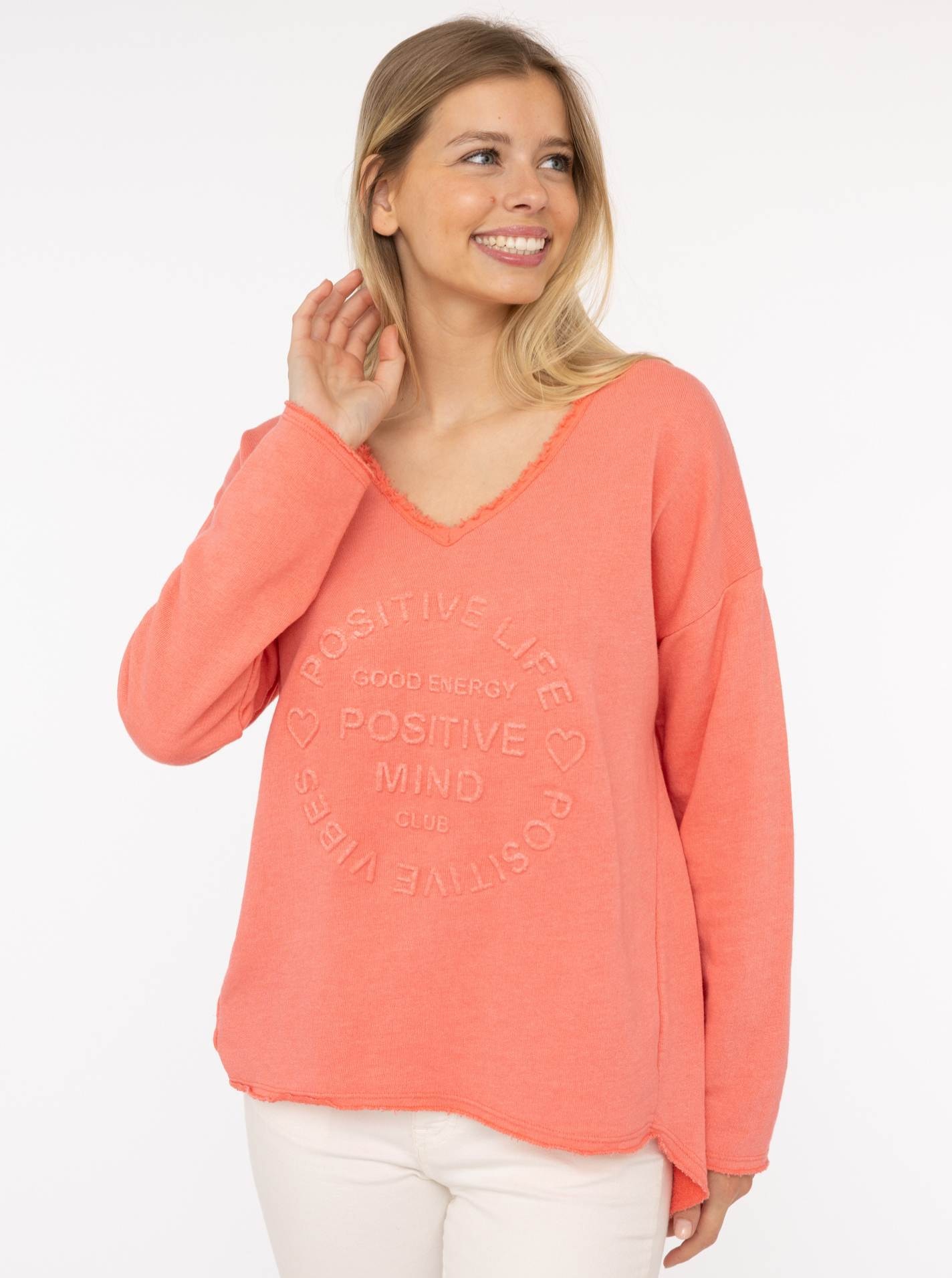 Zwillingsherz Sweatshirt »"Positive Mind"«, ausgefranster V-Ausschnitt, Used Look, Langarm, Schriftzug

