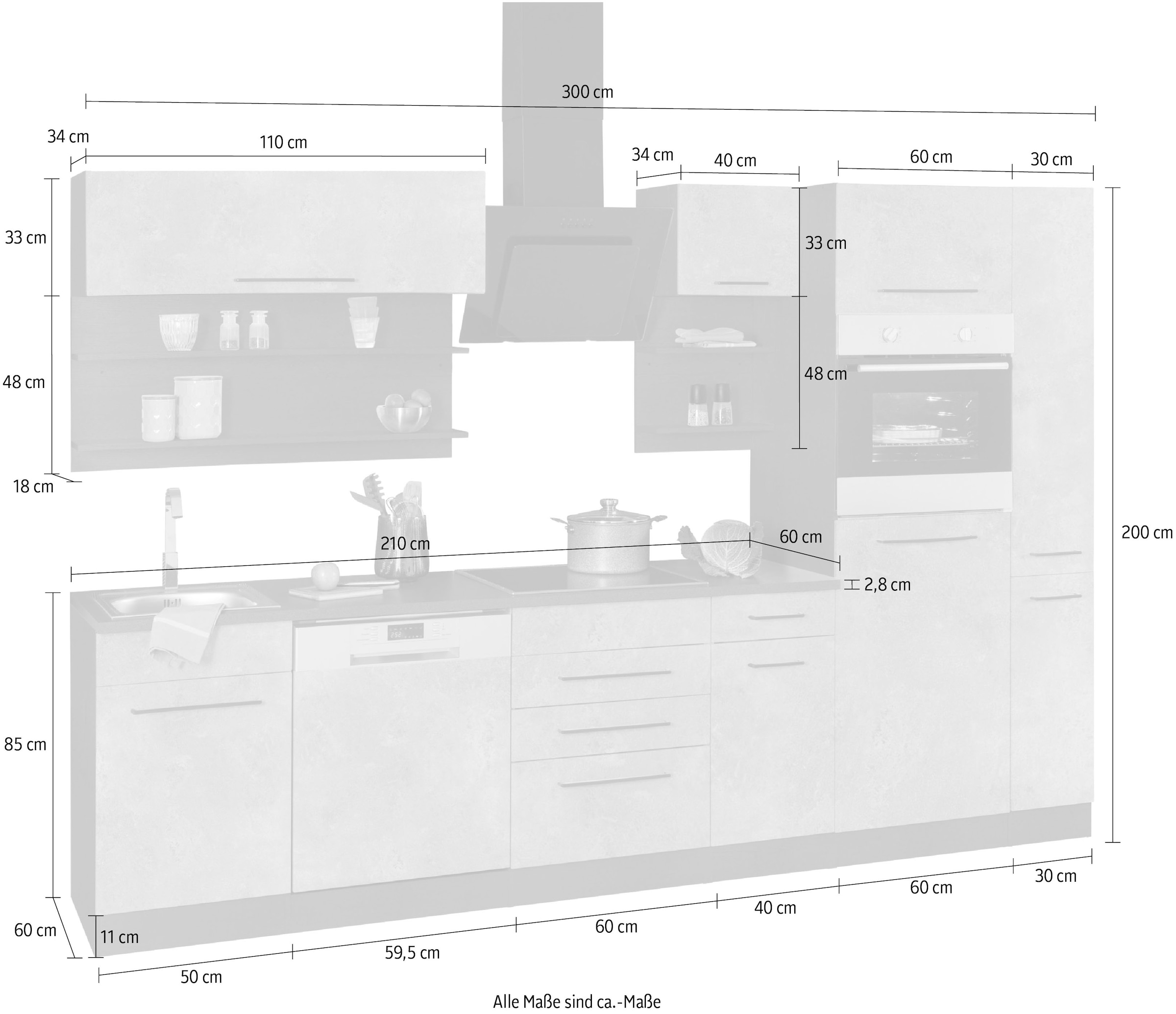 HELD MÖBEL Küchenzeile Breite Metallgriffe, kaufen ohne 300 cm, MDF Raten schwarze »Tulsa«, auf Fronten E-Geräte