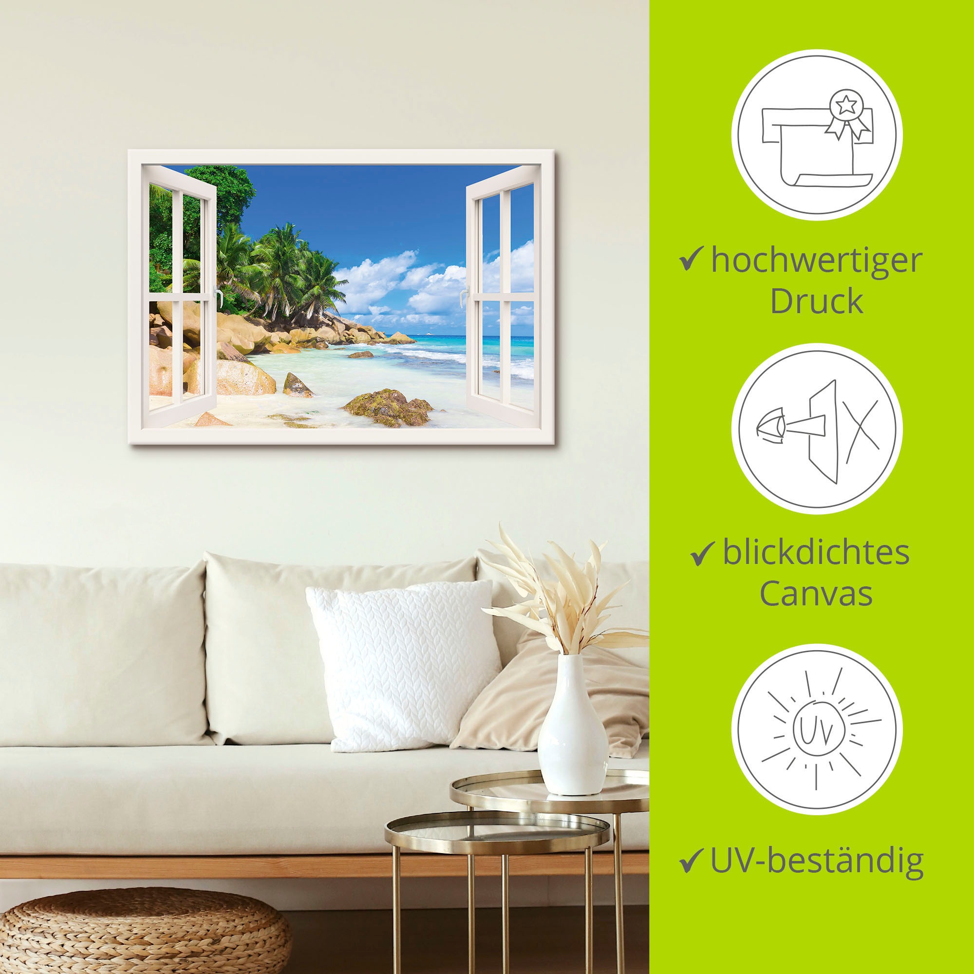 Artland Wandbild »Küste mit Palmen durchs Fenster«, Karibikbilder, (1 St.), als Alubild, Outdoorbild, Leinwandbild, Poster, Wandaufkleber