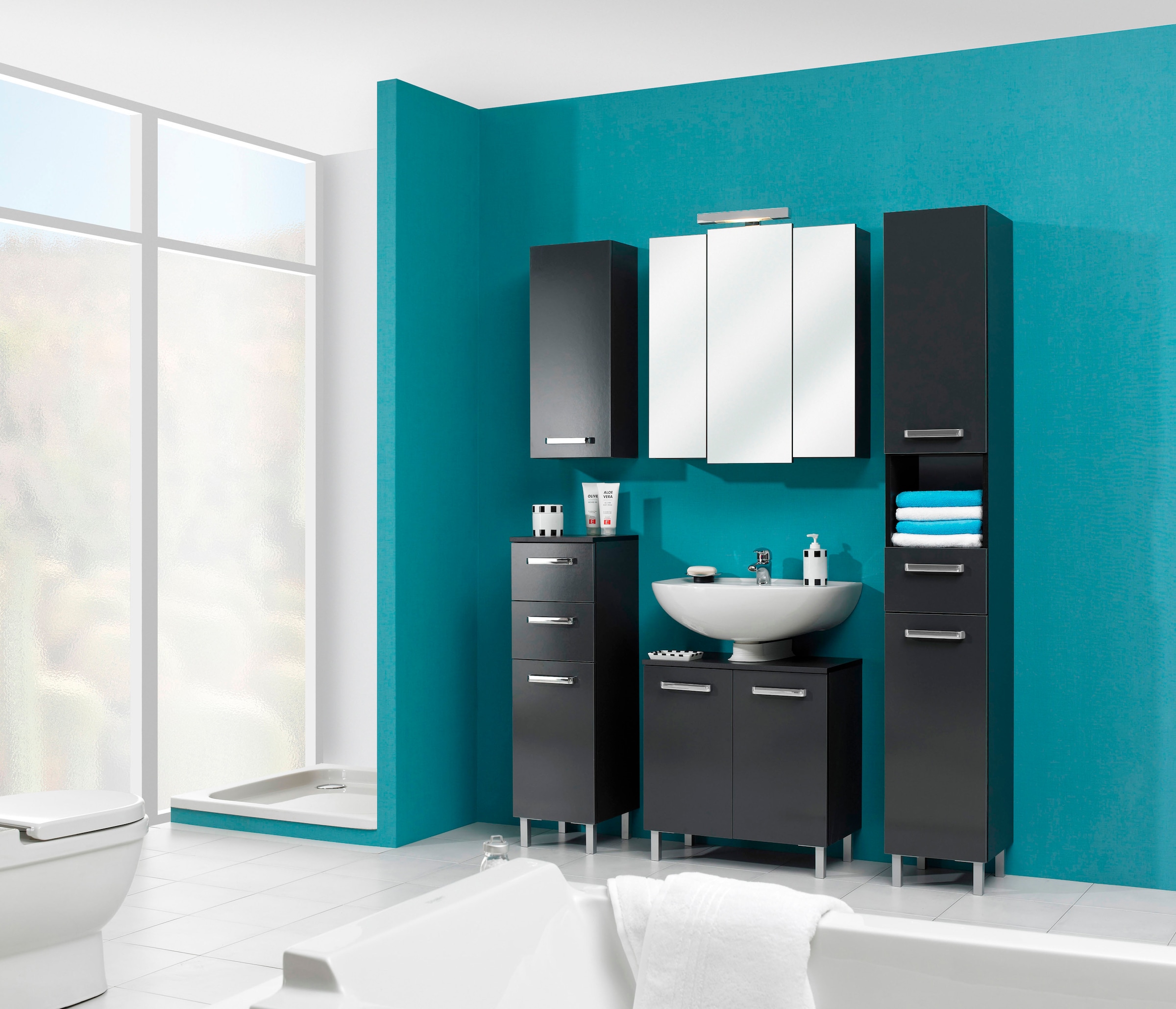 Saphir Hochschrank »Quickset Badschrank 30 cm breit, 2 Türen, 1 Nische, 1 Schublade« Badezimmer-Hochschrank inkl. Türdämpfer, Griffe in Chrom glänzend