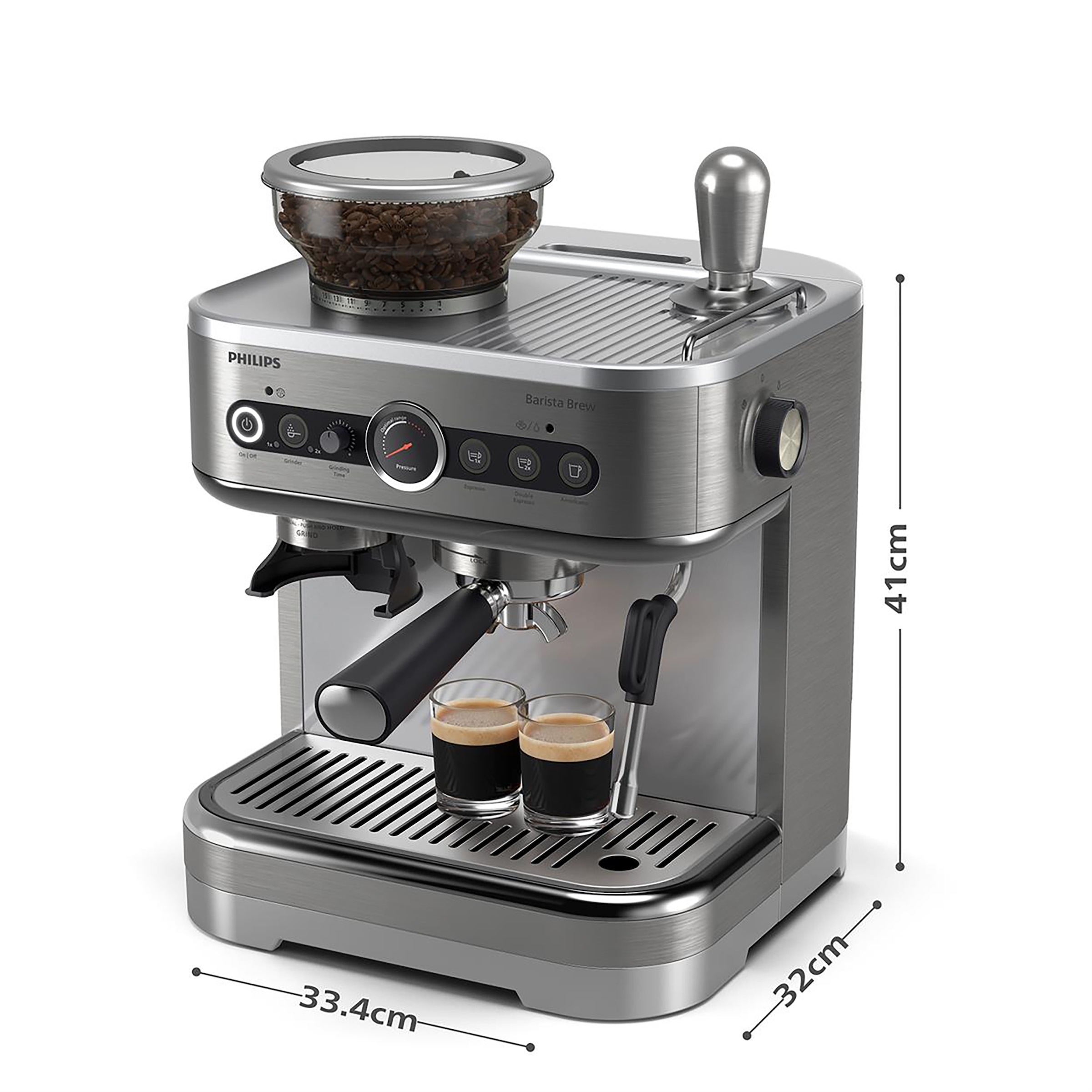 Philips Espressomaschine »PSA3218/01 Barista Brew, halbautomatisch, mit 250-g-Bohnenbehälter«, Korbfilter, Siebträger und Milchkanne aus Edelstahl, Silber