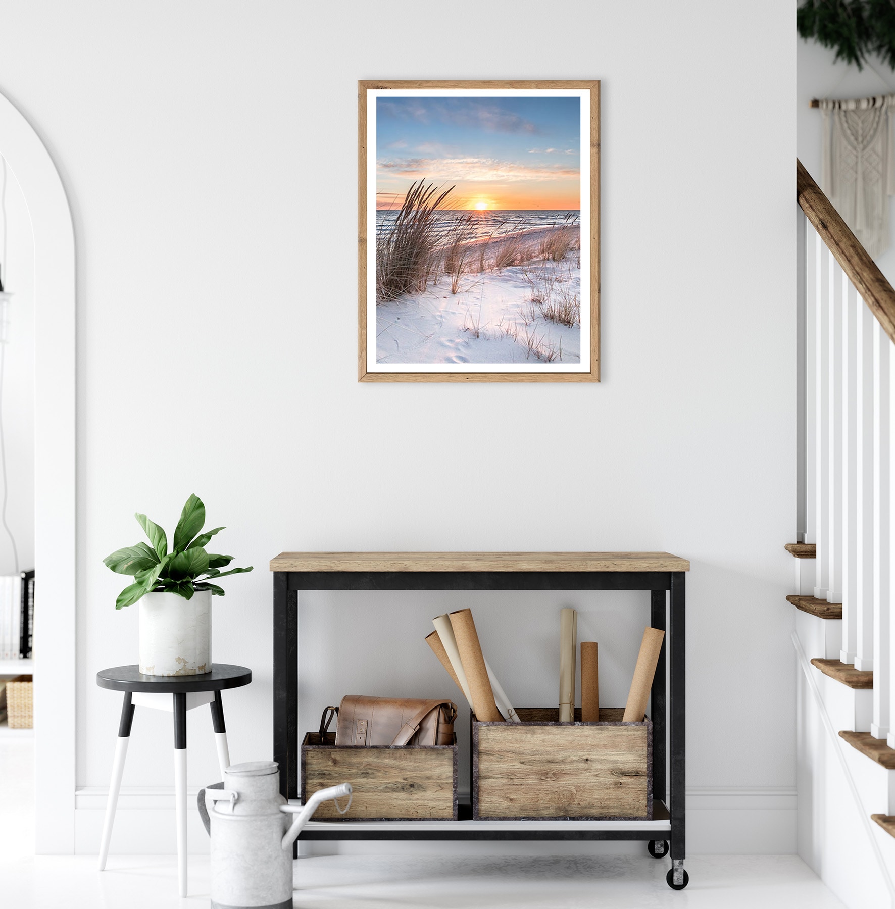 Bönninghoff Bild mit Rahmen »Wandbild gerahmt SONNENUNTERGANG 40x50 cm – Natur Wanddeko modern« Düne | Gräser | Küste | Landschaft | Meer | Natur | Sonnenaufgang & -untergang | Strand 1 Stk. tlg. mit dekorativem Rahmen