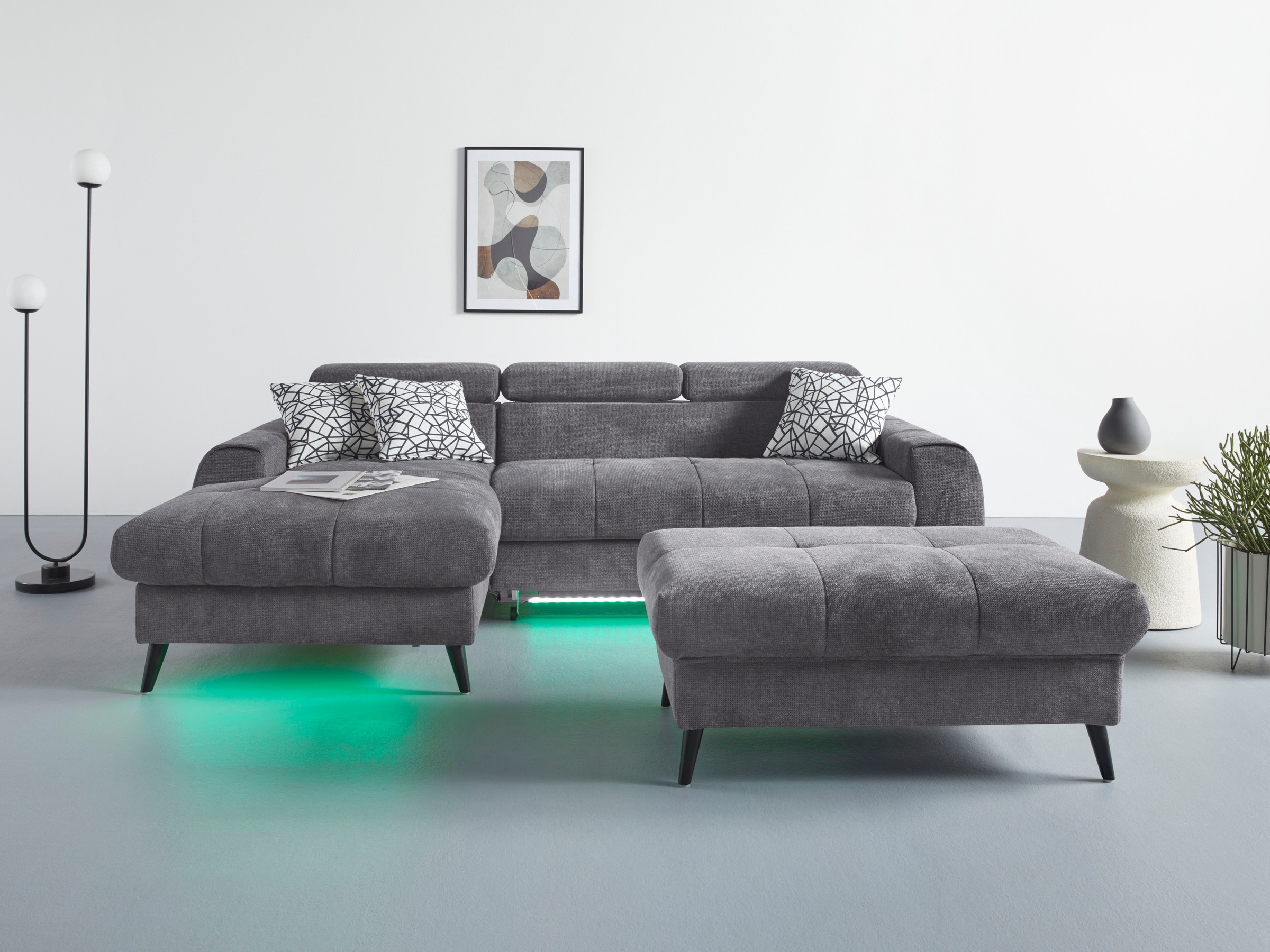 COTTA Ecksofa »Mia L-Form mit 3 Zierkissen«, wahlweise mit Bettfunktion, Bettkasten, Beleuchtung & Wireless-Charger