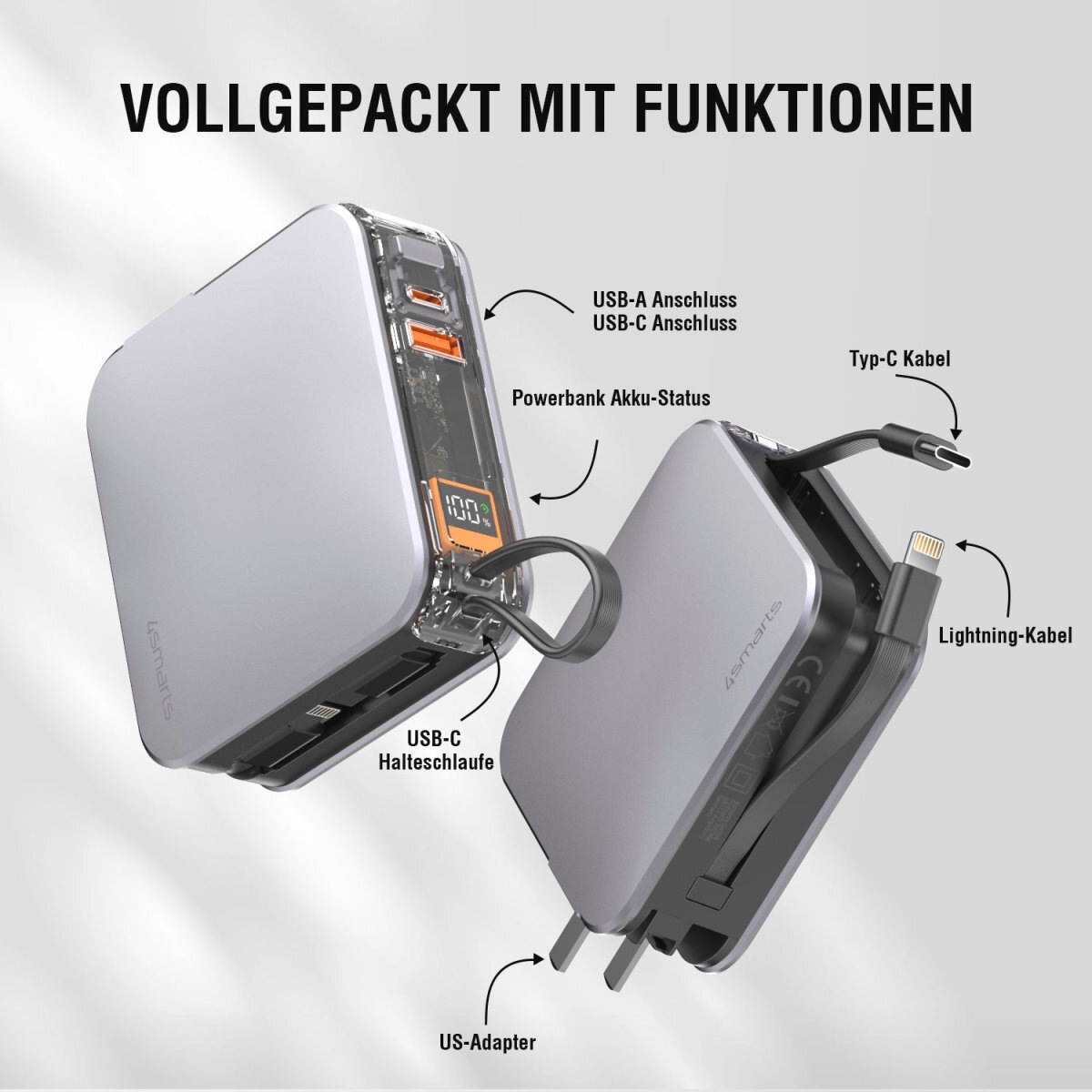 4smarts Powerbank »3in1 Hybrid Charger Lucid, Powerbank integrierten Kabeln«, 4smarts 3in1 Hybrid Charger Lucid, Powerbank inkl. Kabeln