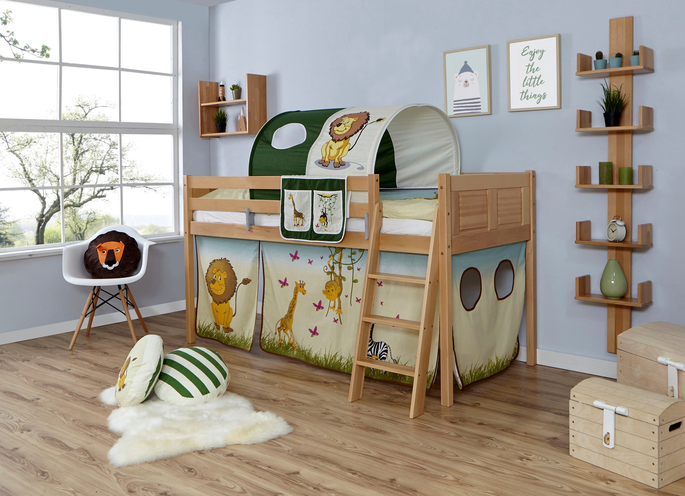 Ticaa Hochbett »Eric«, mit Rollrost und Textil-Set wahlweise mit Matratze, Buche