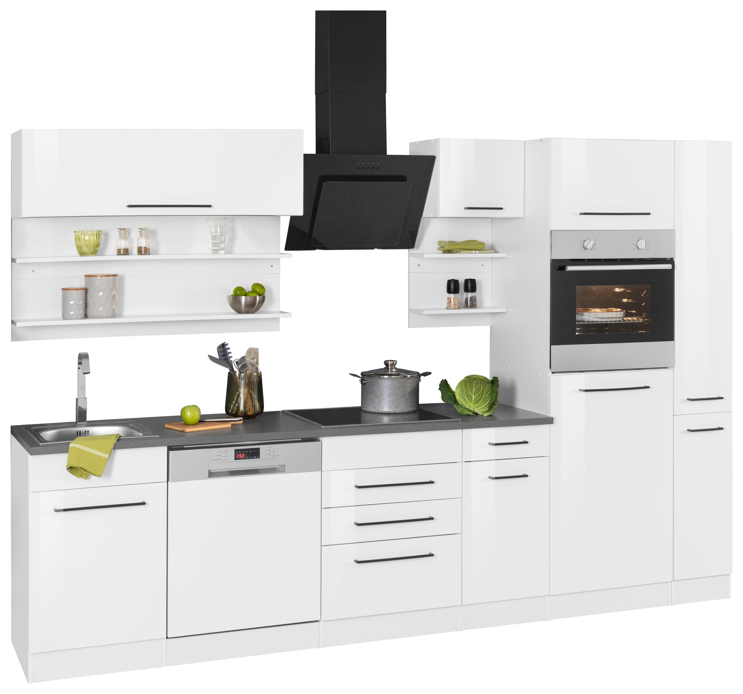 KOCHSTATION Küchenzeile »KS-Tulsa« mit E-Geräten, Breite 300 cm, schwarze Metallgriffe, MDF Fronten