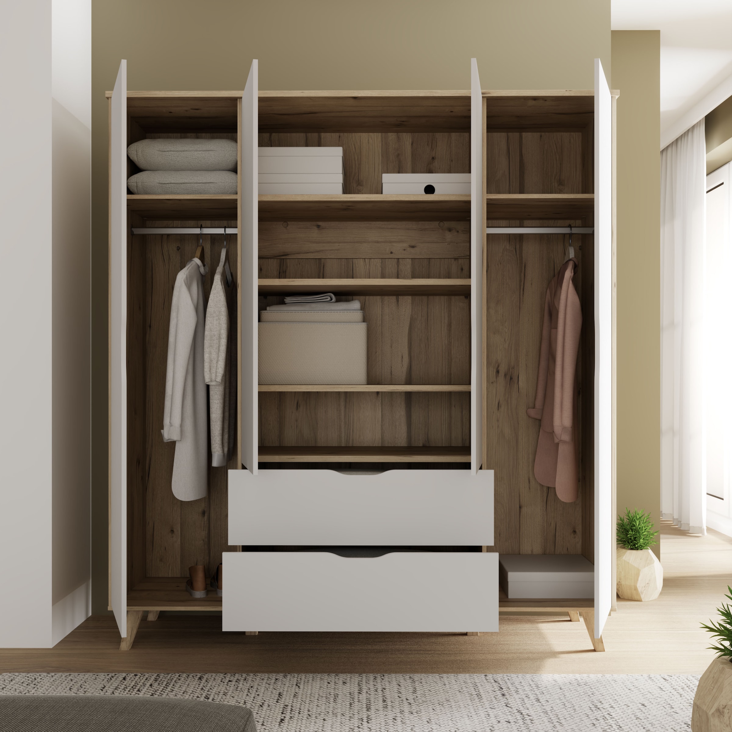 FORTE Kleiderschrank »Vankka, Drehtürenschrank, Viel Stauraum, skandinavischer Stil« Made in Europe, mit Einlegeböden+Kleiderstangen+Schubladen,grifflos