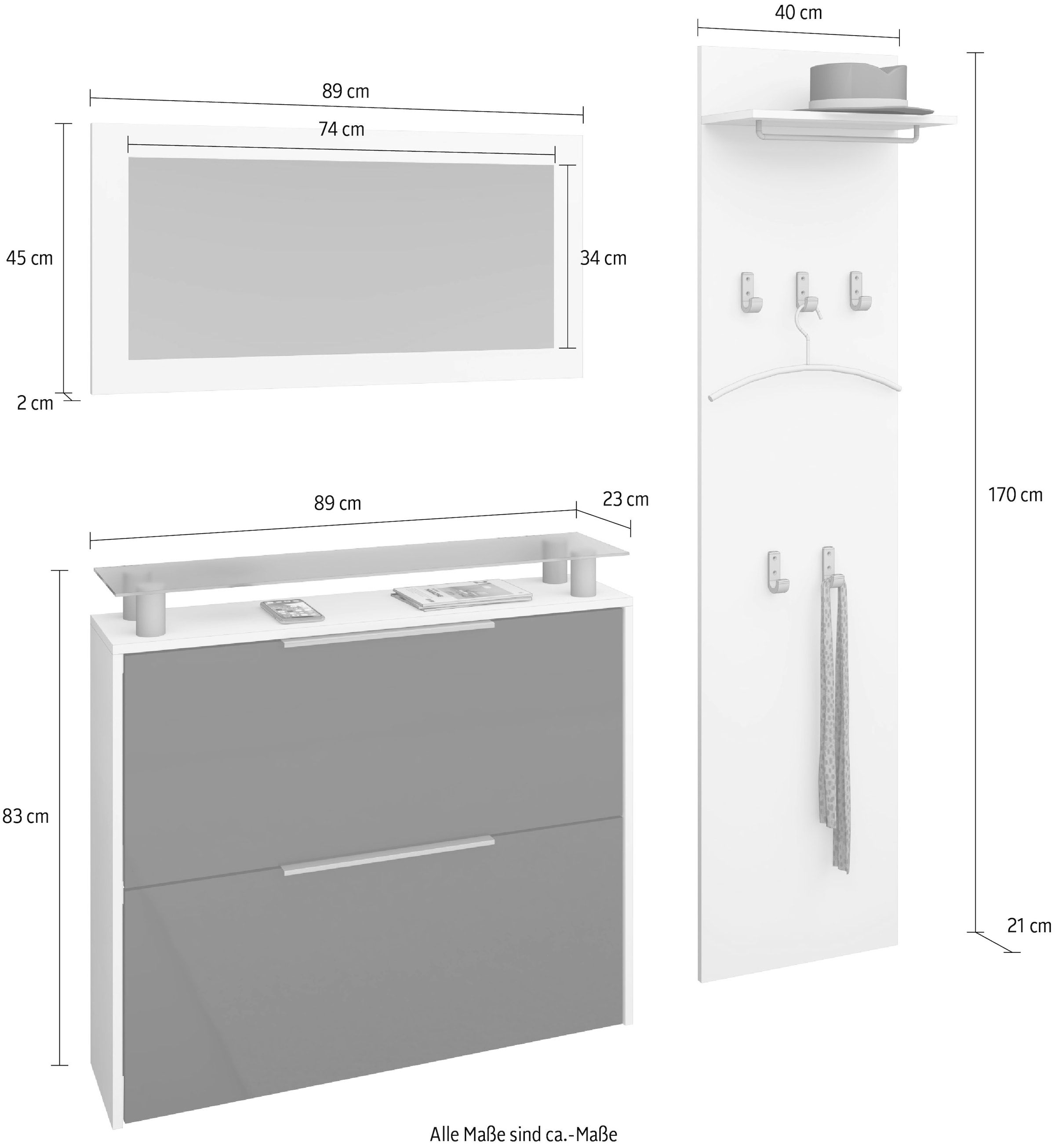 borchardt Möbel Garderoben-Set »Rena 2, (3-tlg.)«, mit Glasablage