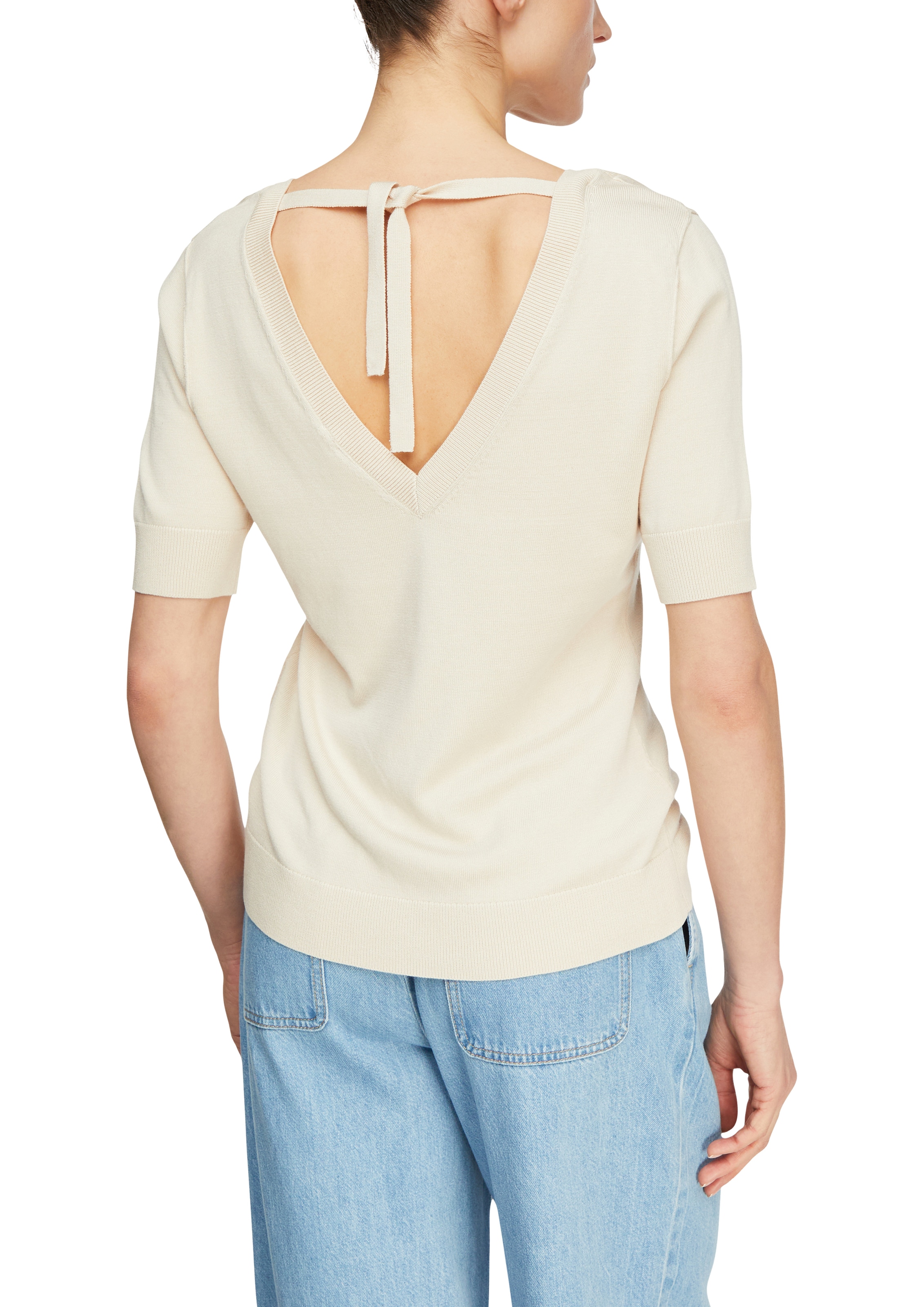 Comma Strickpullover Halbarm-Pullover mit V-Ausschnitt und Bindung im Nacken