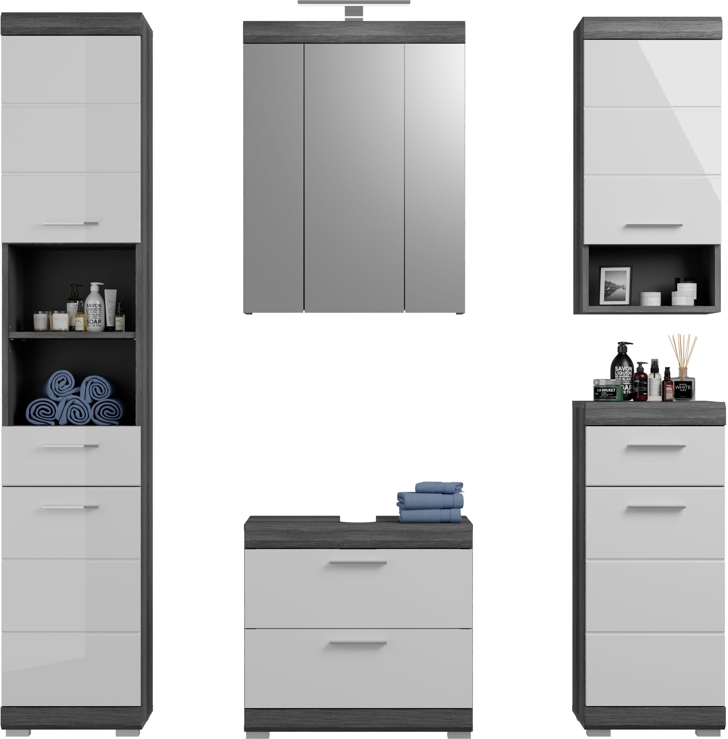 INOSIGN Badmöbel-Set »Siena, 5 teilig, inklusive LED Beleuchtung, bestehend aus:«, (Set, 5 St., TOPSELLER!), Hochschrank, WBU, Spiegelschrank, Unterschrank, Hängeschrank