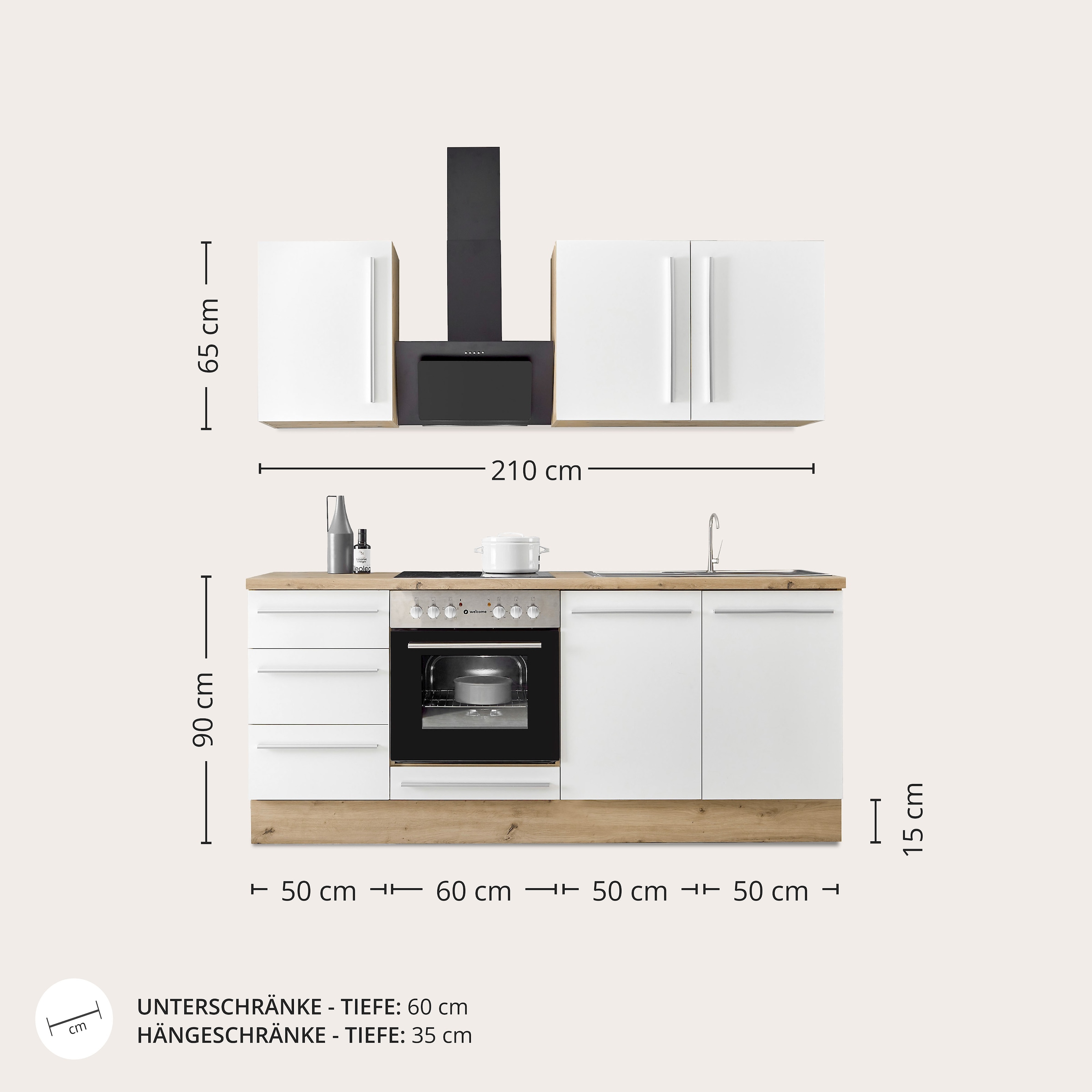 KOCHSTATION Küchenzeile »KS-Florida mit 38mm starker Arbeitsplatte«, Breite 210 cm, wahlweise mit E-Geräten, Soft-Close-Funktion