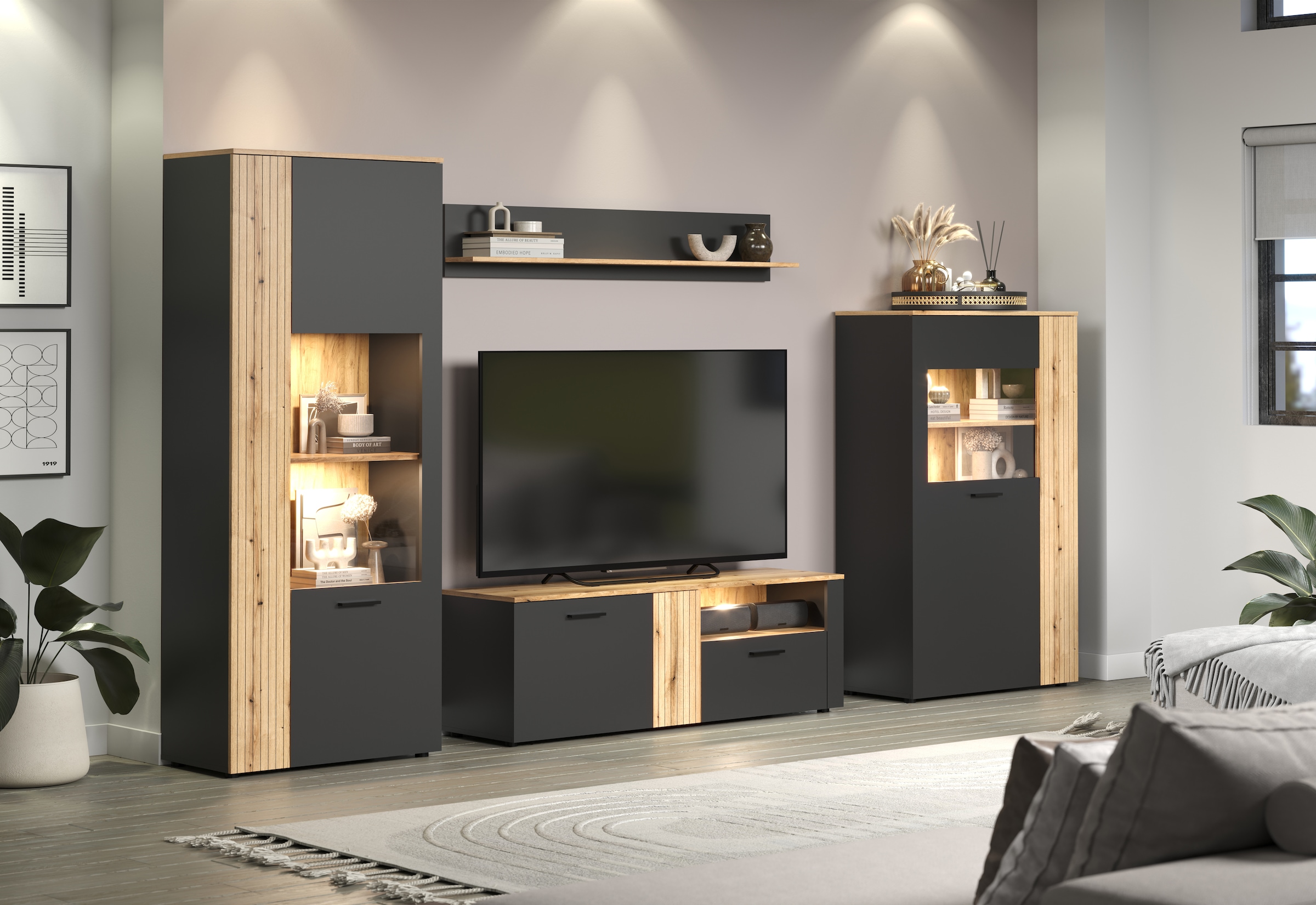 INOSIGN Wohnwand »Estepona«, (Komplett-Set, 4 St.), Wohnzimmermöbel mit Rillenoptik - (B/T/H): 340/42/195 cm