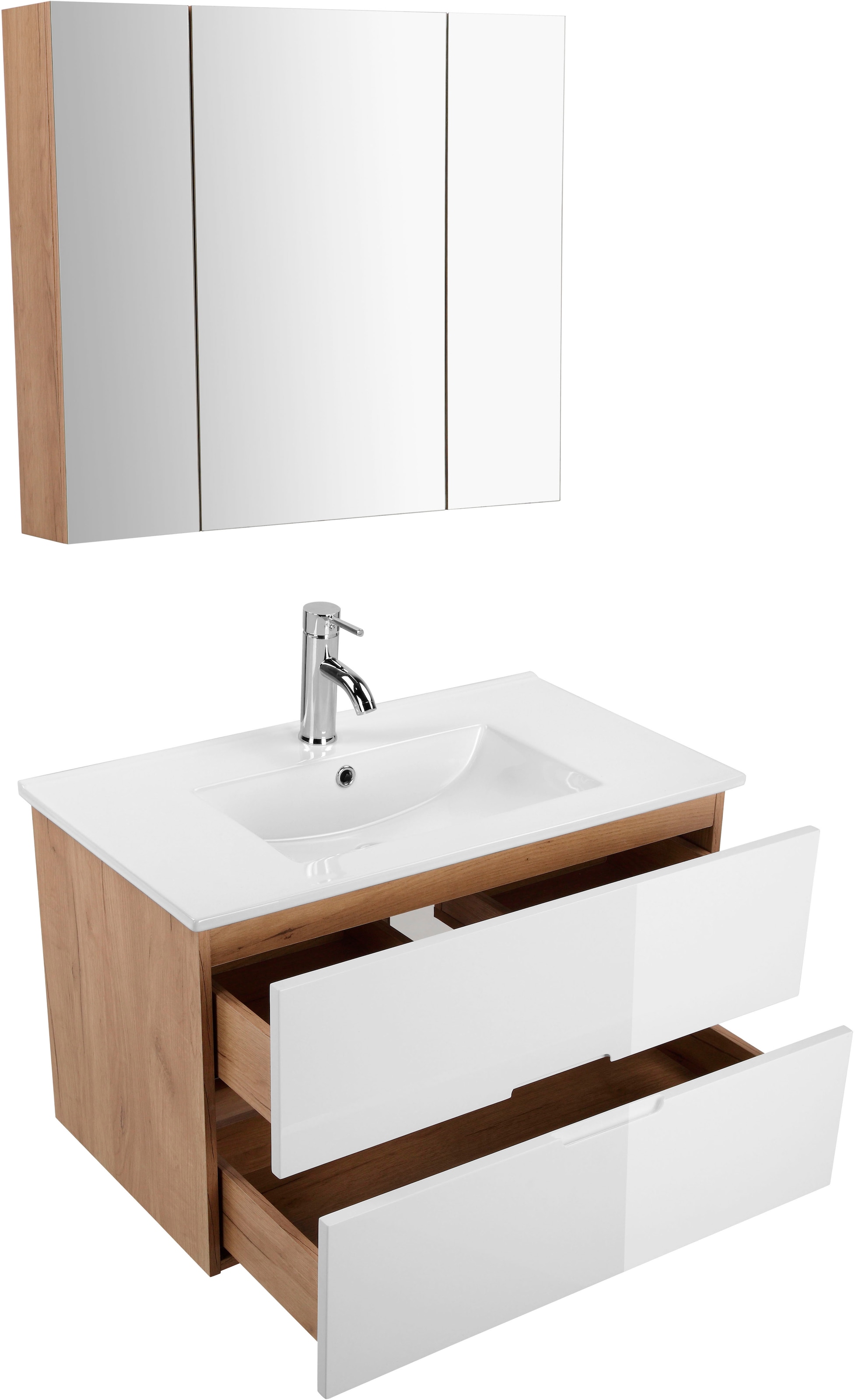 Set Badezimmerset«, Breite St.), Spiegelschrank auf 3 Waschtisch, Badmöbel-Set »Lund Badschrank und 80cm Badmöbel Becken Raten andas bestellen (Komplett-Set,