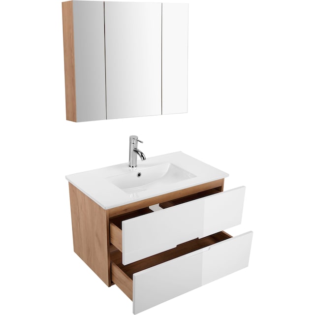 andas Badmöbel-Set »Lund Badmöbel Set Badschrank Badezimmerset«,  (Komplett-Set, 3 St.), Waschtisch, Spiegelschrank und Becken Breite 80cm  auf Raten bestellen