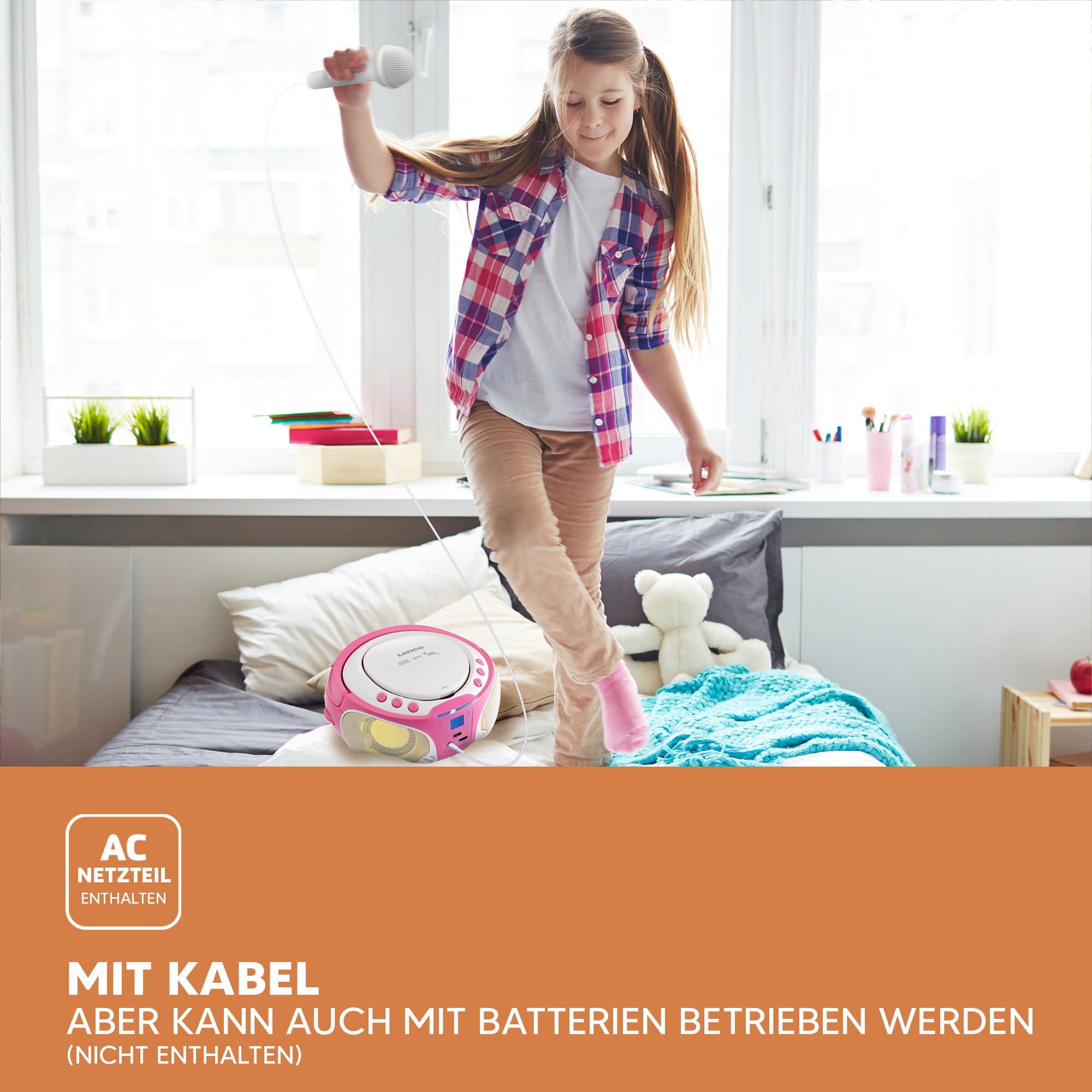 Lenco Boombox »SCD-650« ( AM-Tuner | FM-Tuner ) speziell für Kinder, USB-Anschluss, Karaoke-Mikrofon und Lichteffekte