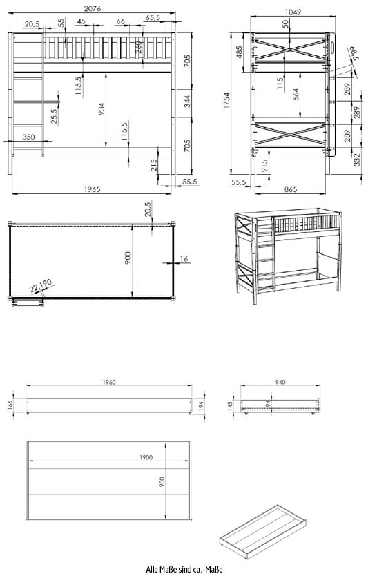 Vipack Etagenbett »Scott, Kiefer massiv, stabil gebaut, Made in Europe, Landhaus-Optik«, (B/H/T ca. 208x175x105cm, inkl. Rolllattenroste, Leiter, Absturzschutz), wahlweise mit 2 kleinen oder 1 großen Bettschublade auf Rollen