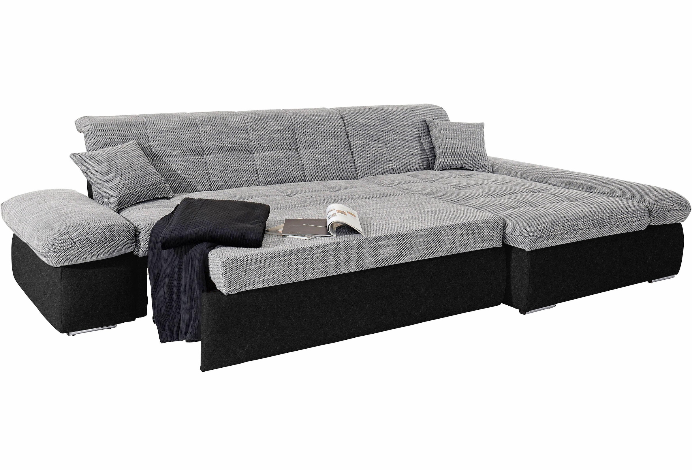 DOMO collection Ecksofa »Moric, L-Form, XXL-Sofa - Breite 300cm«, wahlweise mit Bettfunktion und Armteilverstellung, schwarz-weiß-grau