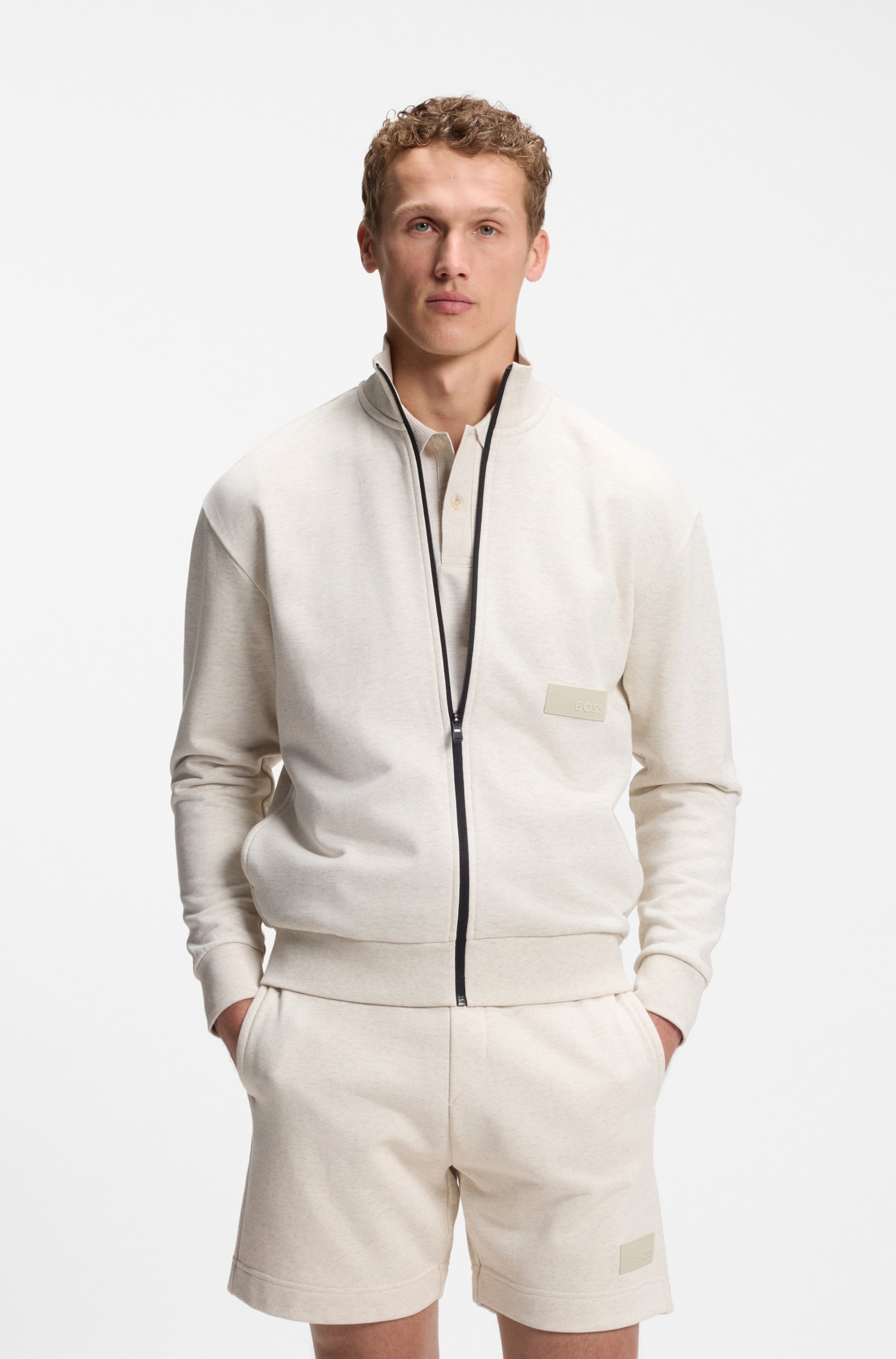 BOSS GREEN Sweatjacke Stehkragen, Relaxed Fit, Rippbündchen