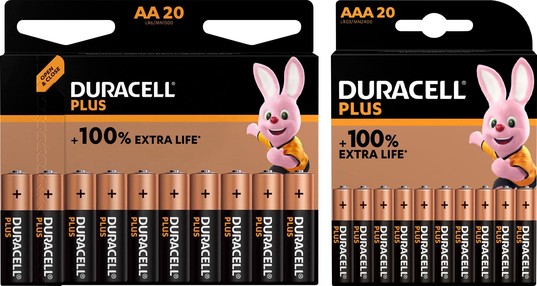 Duracell Batterie »20+ 20 Pack: 20x Mignon/AA/LR06 + 20x Micro/AAA/LR03«, LR03, 1,5 V, (Spar-Set, 40 St., Alkaline Batterie, 40 Stück), 1,5V