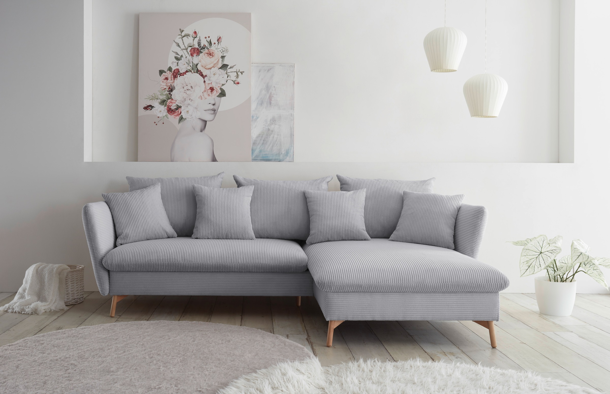 andas Ecksofa »MERLE, 258 cm, L-Form, traumhafter Cord,«, mit Bettfunktion und Bettkasten, Liegefläche 224 x 139