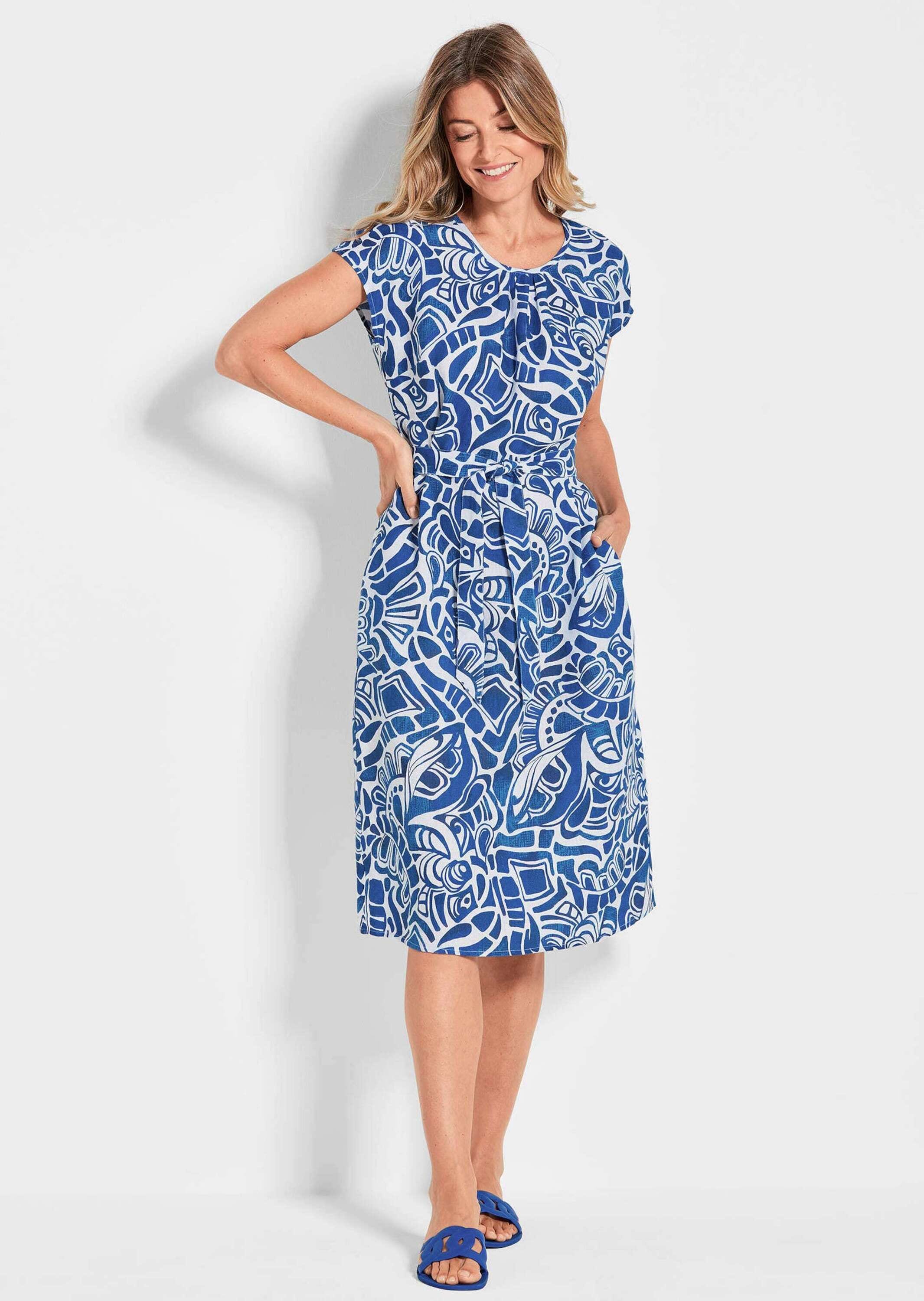 GOLDNER Sommerkleid »Leinenkleid Ethno, Halbarm« Eingrifftaschen Mit Bindegürtel und Taschen