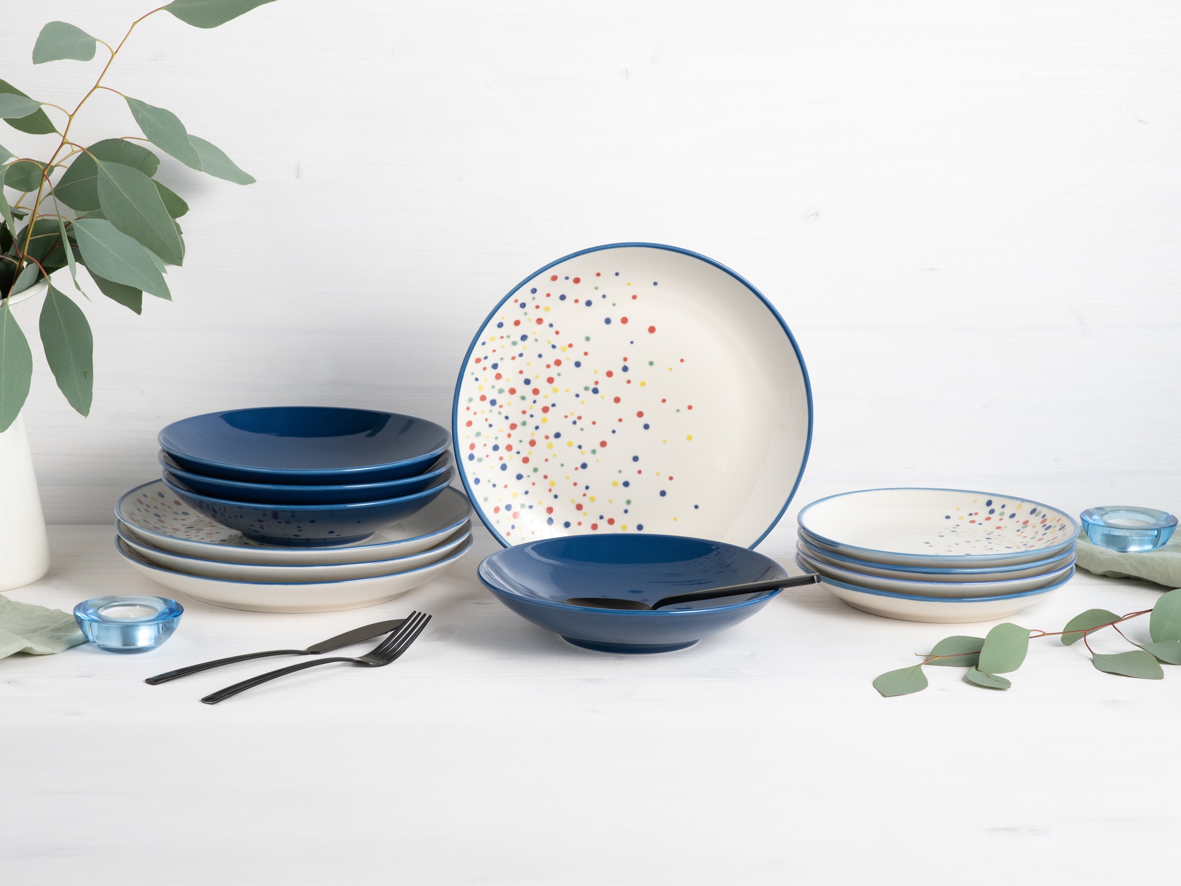 CreaTable Teller-Set »Joy, Tellerset 12-tlg.« Unregelmäßige bunte Punkte, Gute Laune Geschirr, Frisch, Freundlich