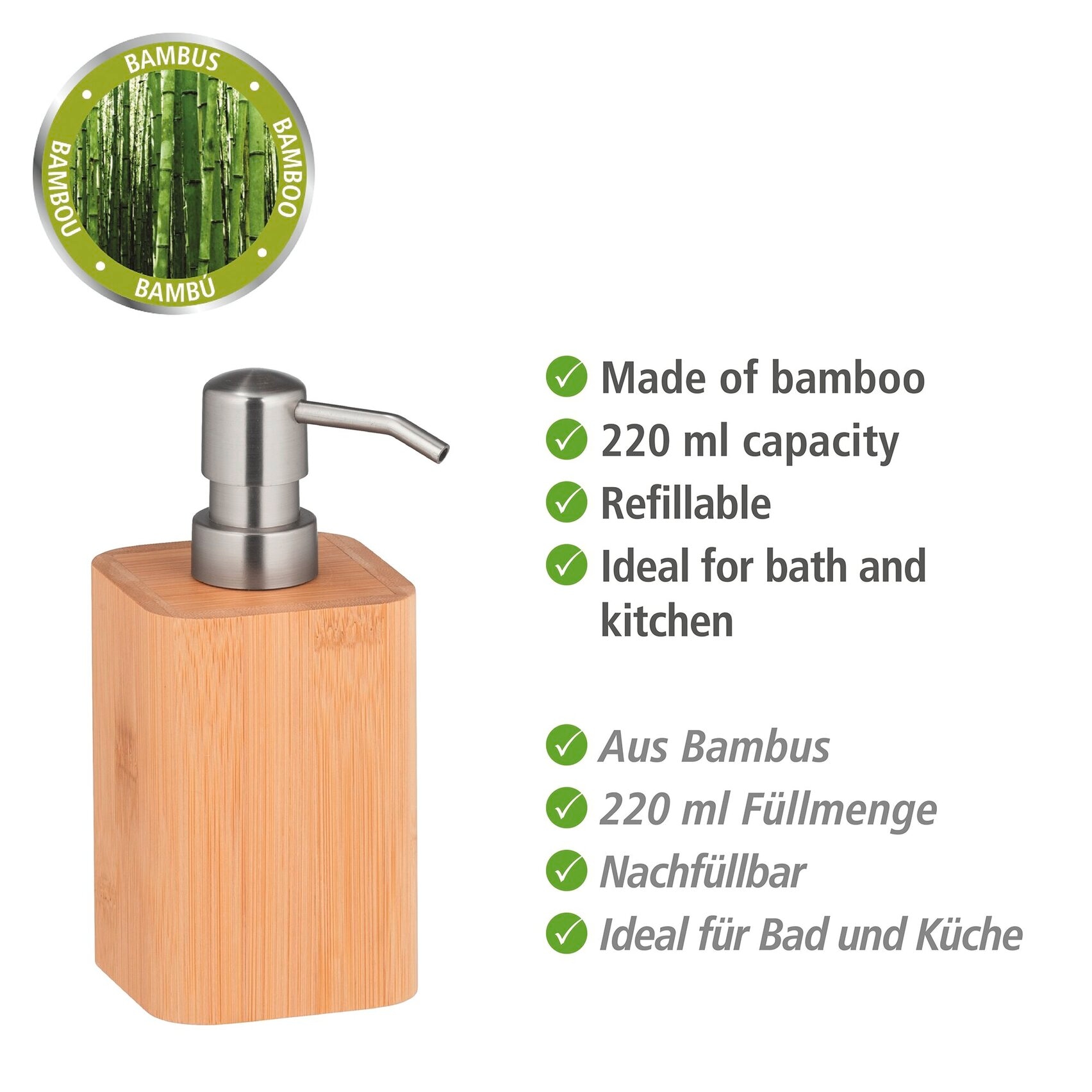 WENKO Seifenspender »Bambusa« aus Bambus, Füllmenge: 220 ml