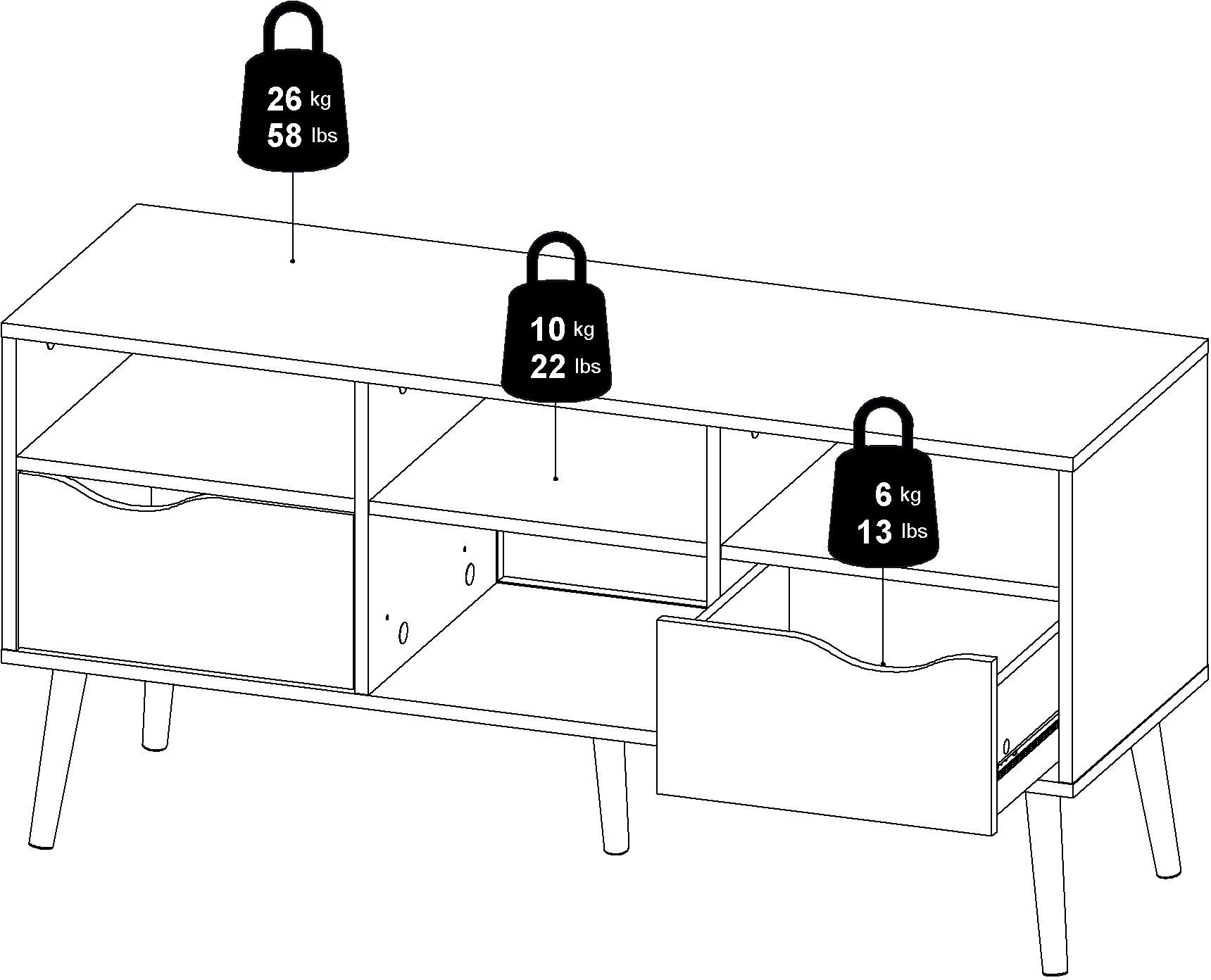 andas TV-Board »Oslo, TV-Möbel, Fernsehtisch, TV-Unit, Media-Möbel,«, TV-Kommode mit 2 Schubladen,4 Fächern, Breite 117 cm, Höhe 57 cm