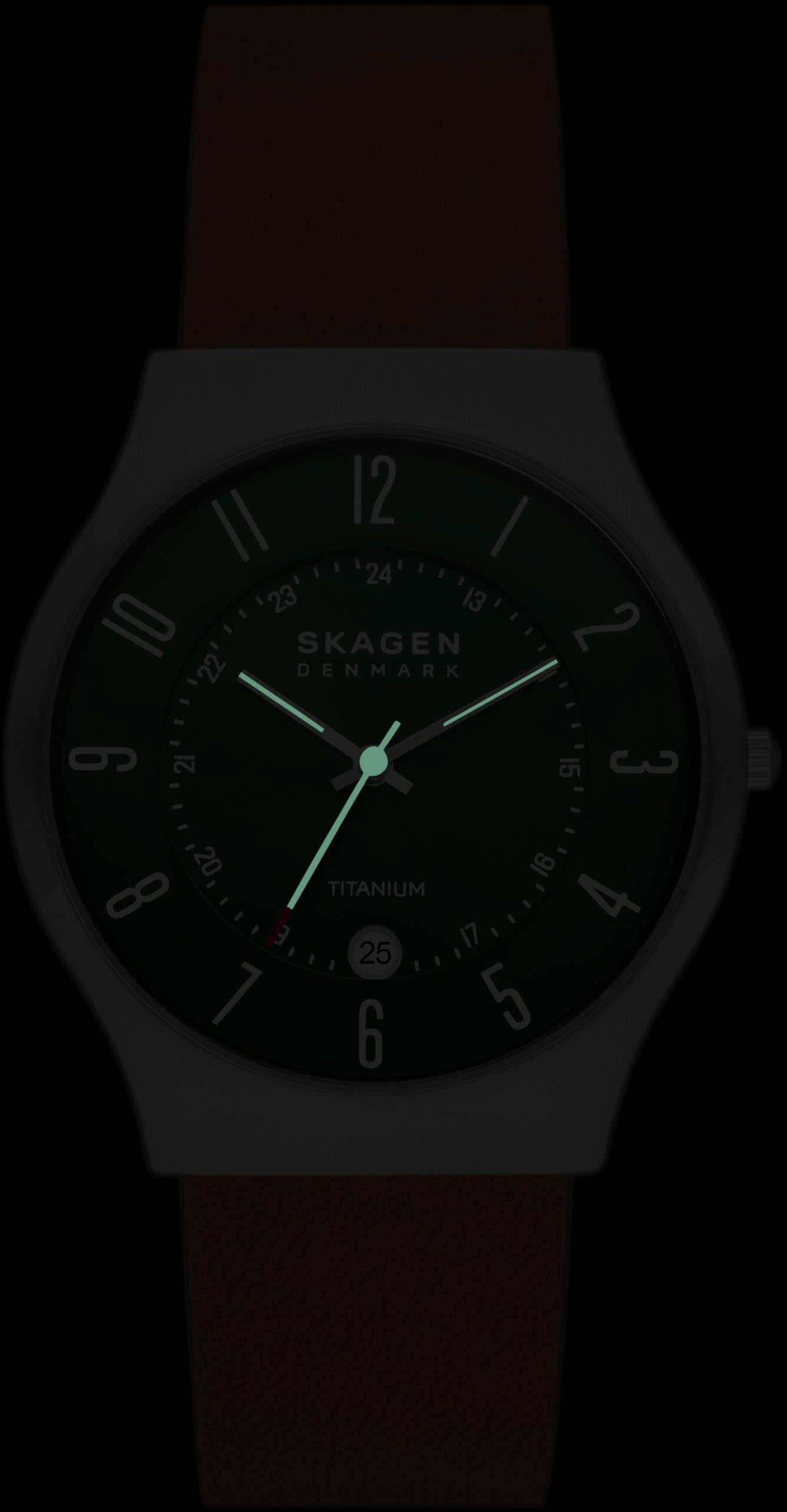 Skagen Quarzuhr »SUNDBY«, Armbanduhr, Herrenuhr, Damenuhr, Datum, Titan, Lederarmband