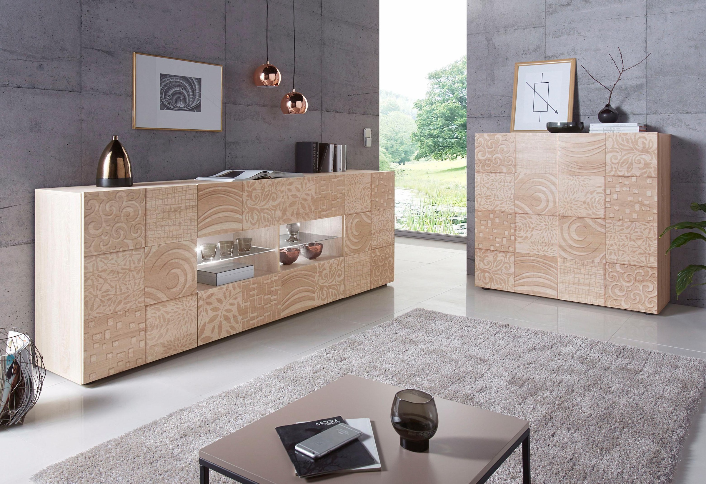 INOSIGN Highboard »Miro«, Breite 121 cm mit dekorativem Siebdruck