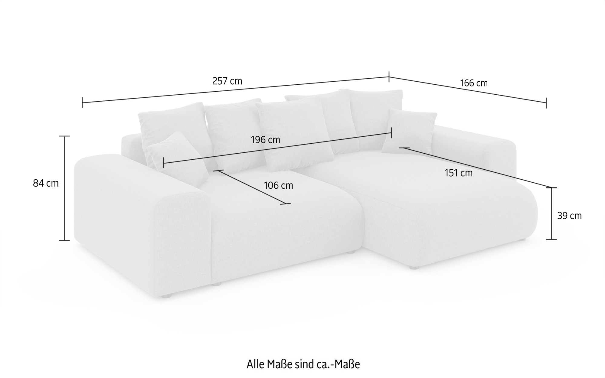 INOSIGN Ecksofa »LAKESIDE mit Bettfunktion und Bettkasten, B/T/H 257/166/84 cm«, L-Form, Recamiere beidseitig montierbar, Wellenunterfederung