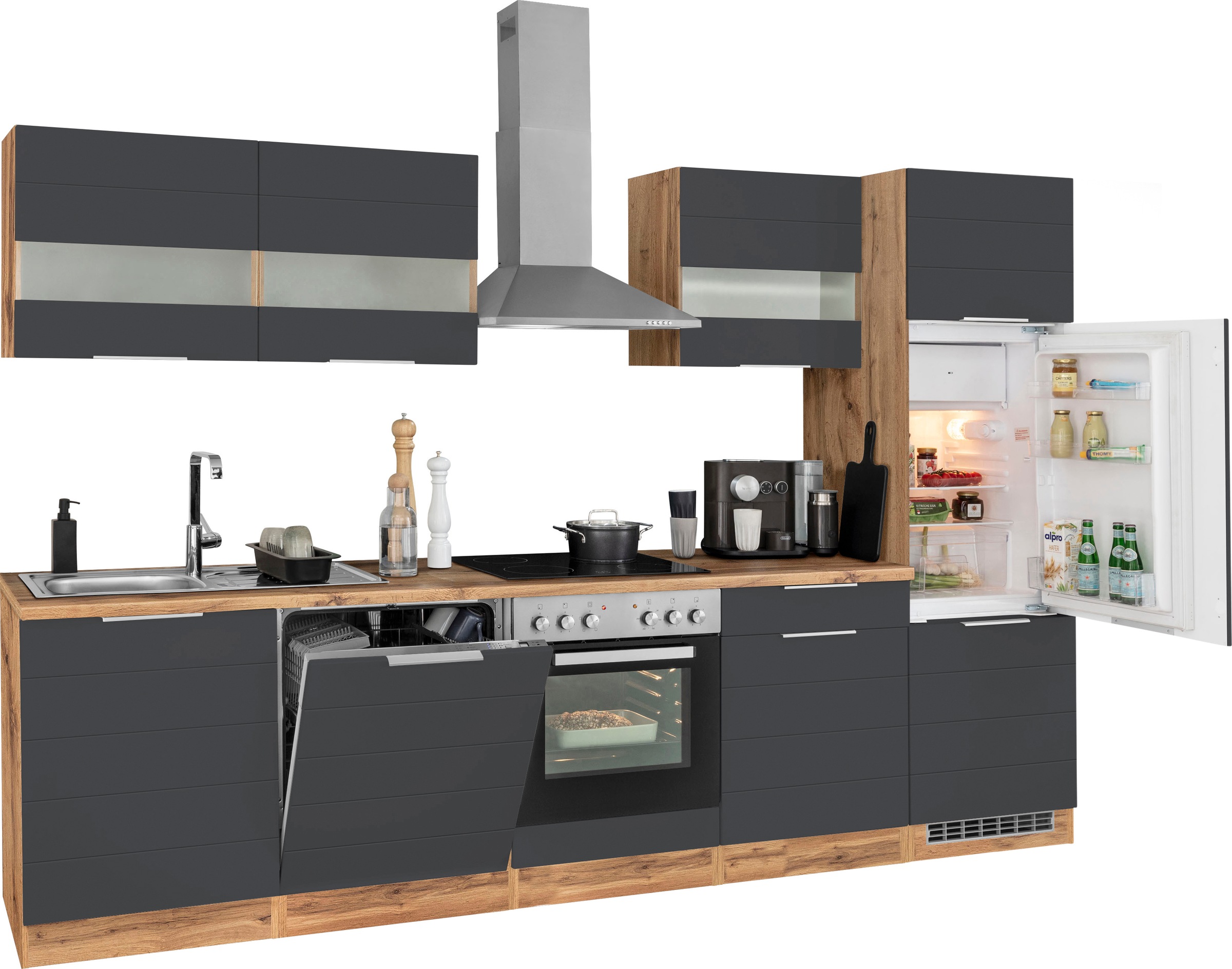 KOCHSTATION Küchenzeile »KS-Luhe« 300 cm breit, wahlweise mit oder ohne E-Geräten, gefräste MDF-Fronten