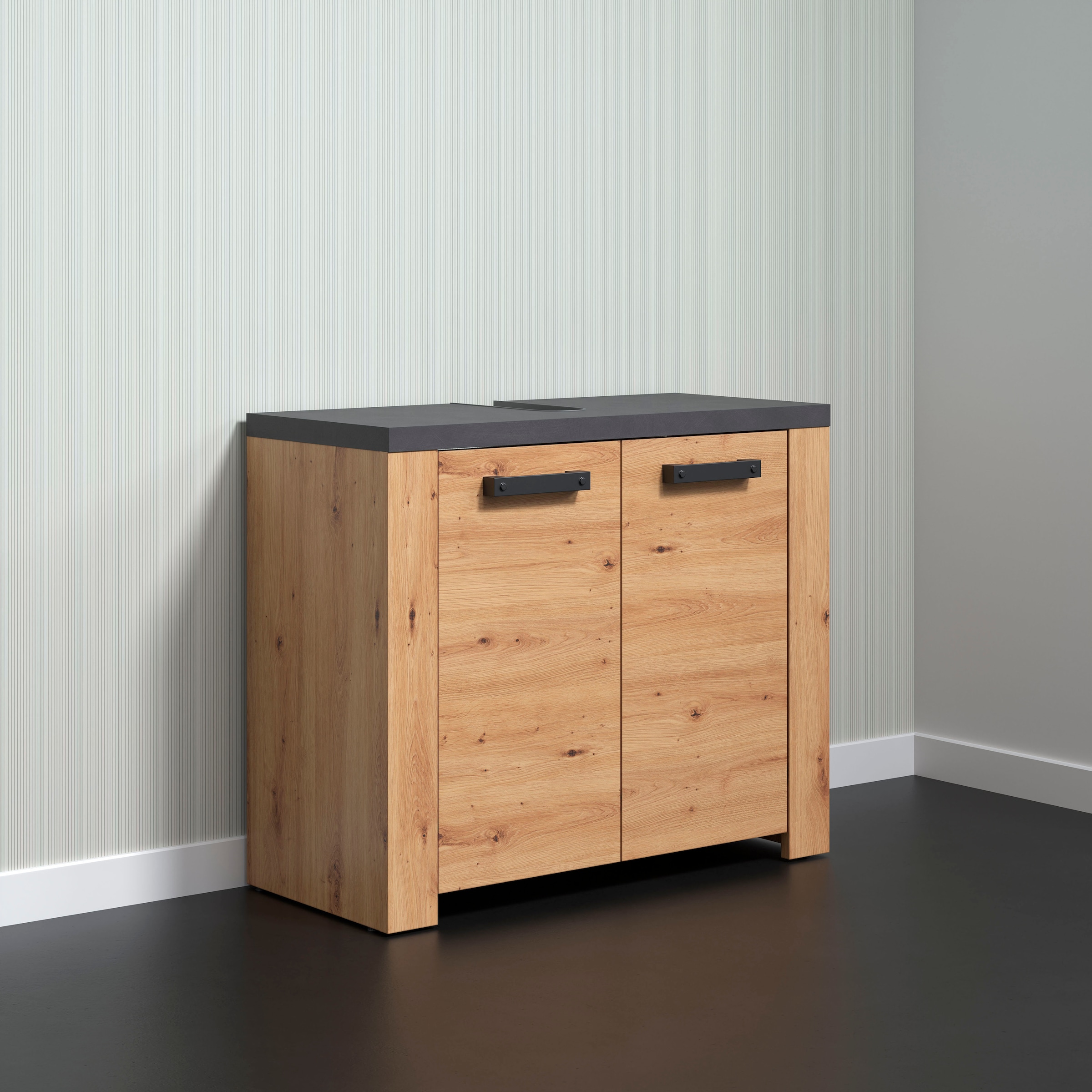 Home affaire Waschbeckenunterschrank »Ambres«, Waschtisch in matter Echtholzoptik - Maße (B/T/H) 79/35/67 cm