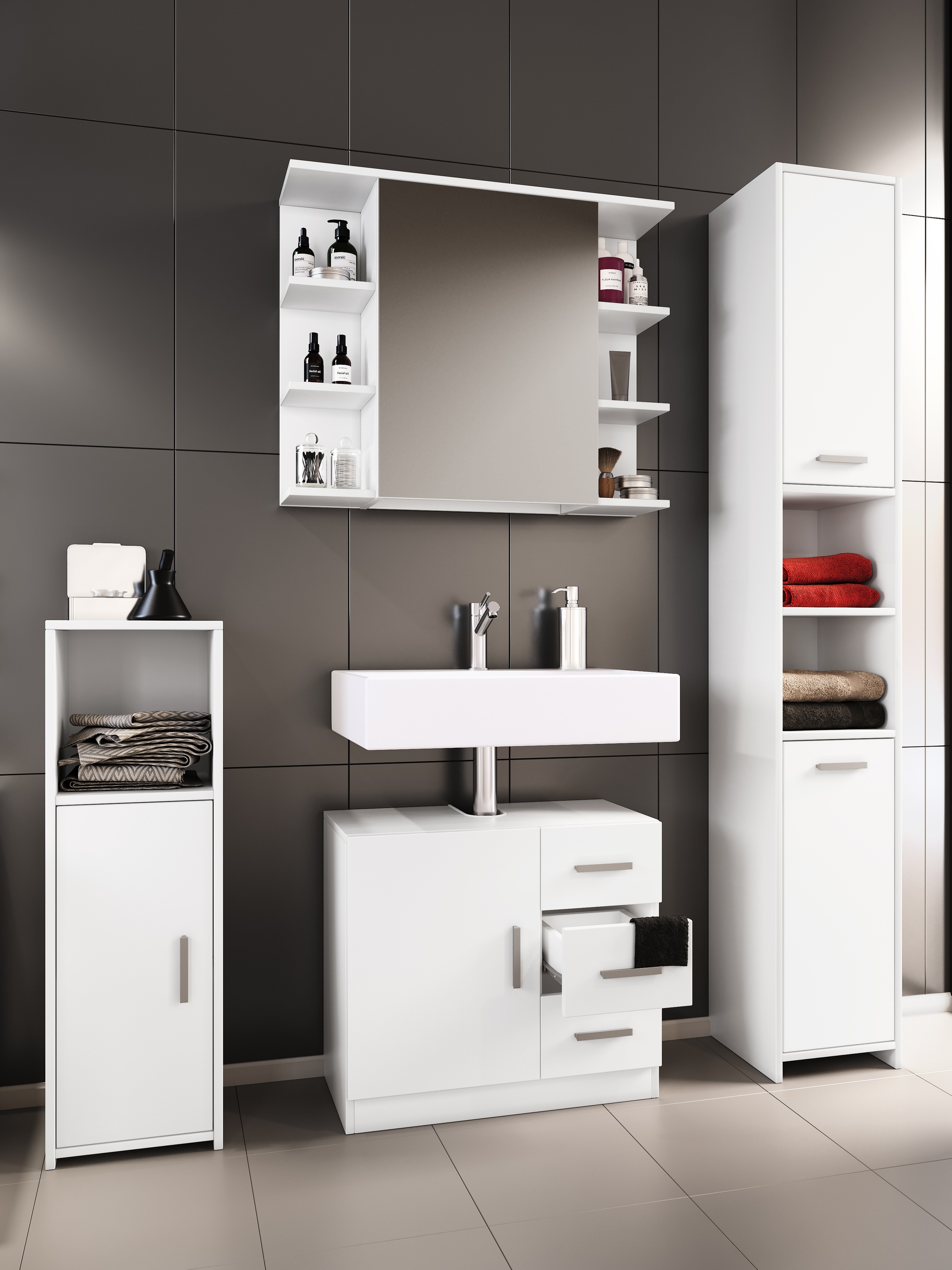 VCM Waschbeckenunterschrank »VCM 4-tlg. Badmöbelset | Badmöbel | Set aus Unterschrank, Midischrank, Hochschrank und Spiegelschrank | Badezimmermöbel - Zalo III«, (4 St.)
