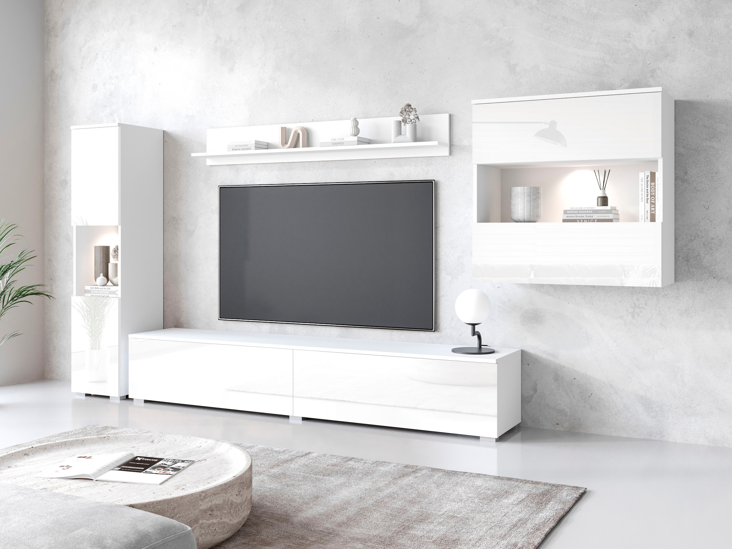 INOSIGN Wohnwand »PARIS, Vitrine Türanschlag links/rechts wechselbar«, (Komplett-Set, 4 St.), grifflose Design, stehend und hängend montierbar