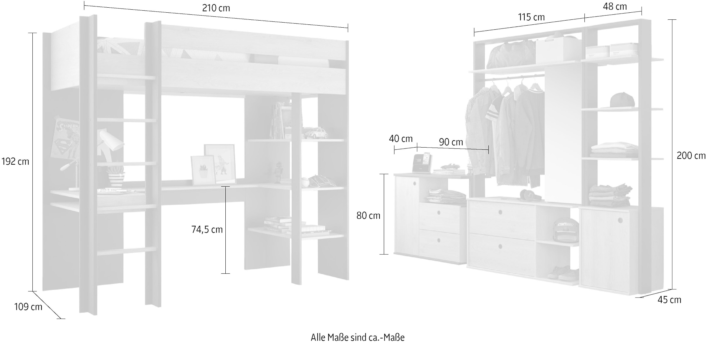 Gami Jugendzimmer-Set »Duplex«, (4 tlg., 2x offenes Schranksystem, Kommode, Hochbett)