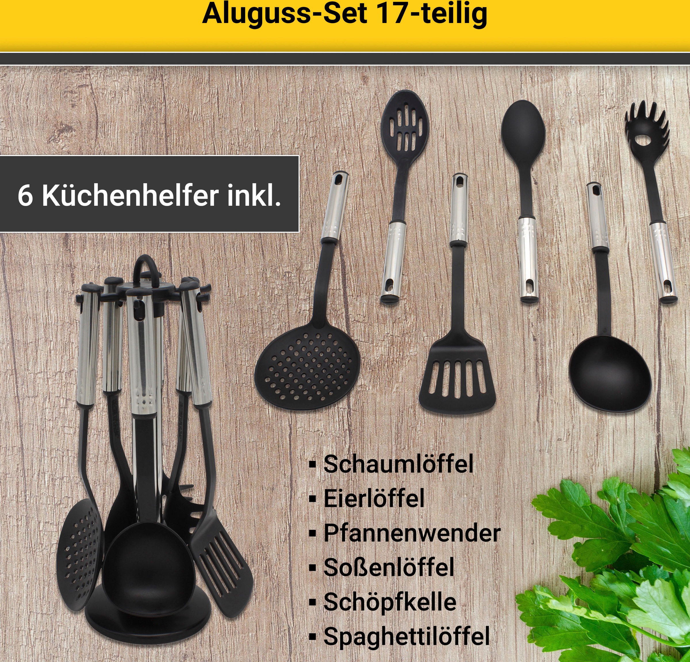 Krüger Topf-Set »Aluguss Topf- und Pfannenset inkl. praktischen Küchenhelfern, 17 tlg.«, Aluminiumguss, (Set, 17 tlg., Fleischtopf 16/18/20/24cm, Stieltopf 16cm Steakpfanne 7 T.Küchenhelfer), inkl. 7-tlg. Küchenhelfer-Set