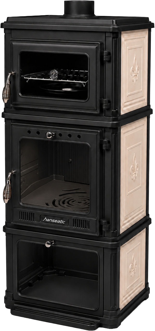 Hanseatic Kaminofen »Minerva, Gussofen mit Backofen und Beige emaillierten Seiten« Großer Feuerraum