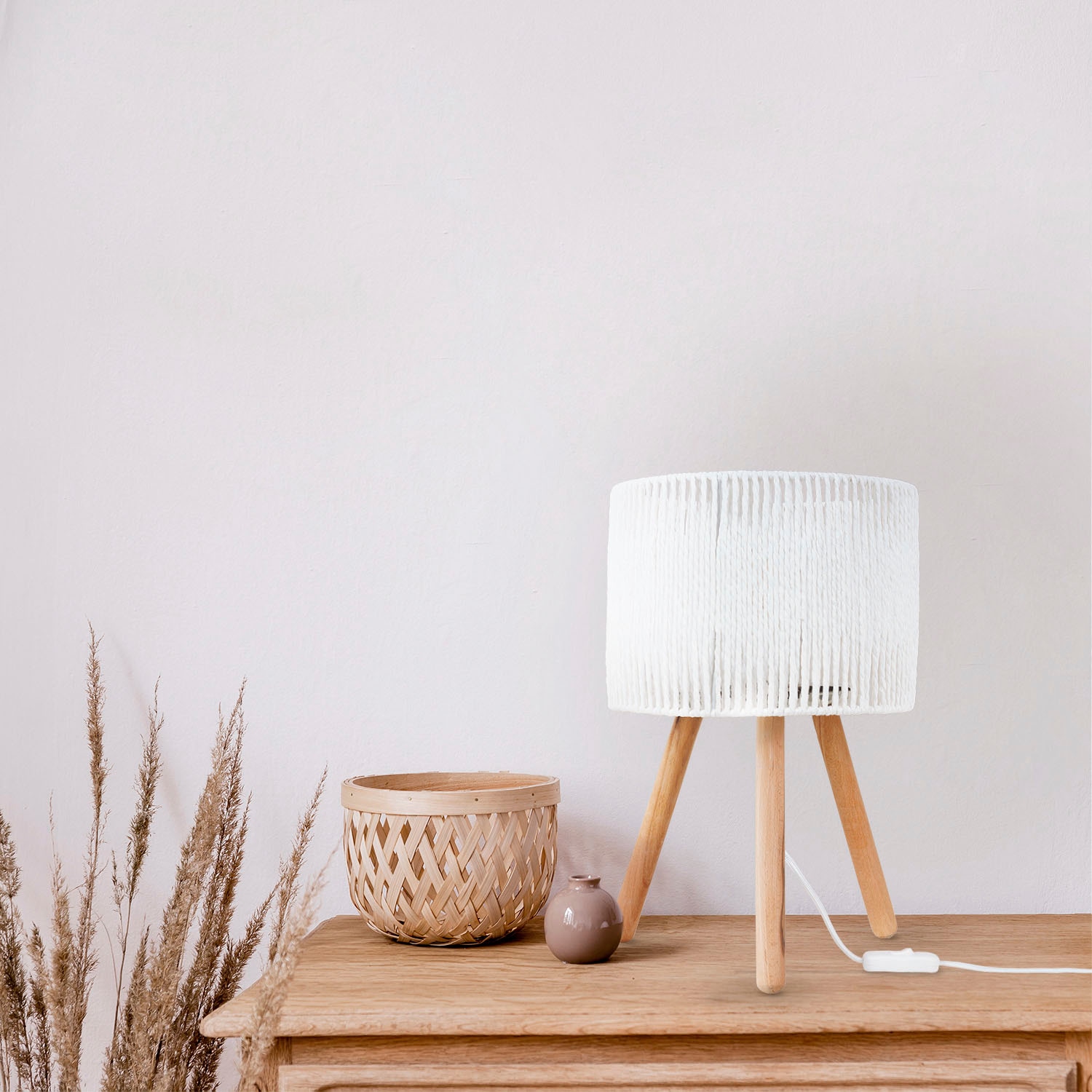 Paco Home Tischleuchte »PITA«, Leuchtmittel E27 | ohne Leuchtmittel, Nacht Schreib Lampenschirm Boho Holz Stativ E27