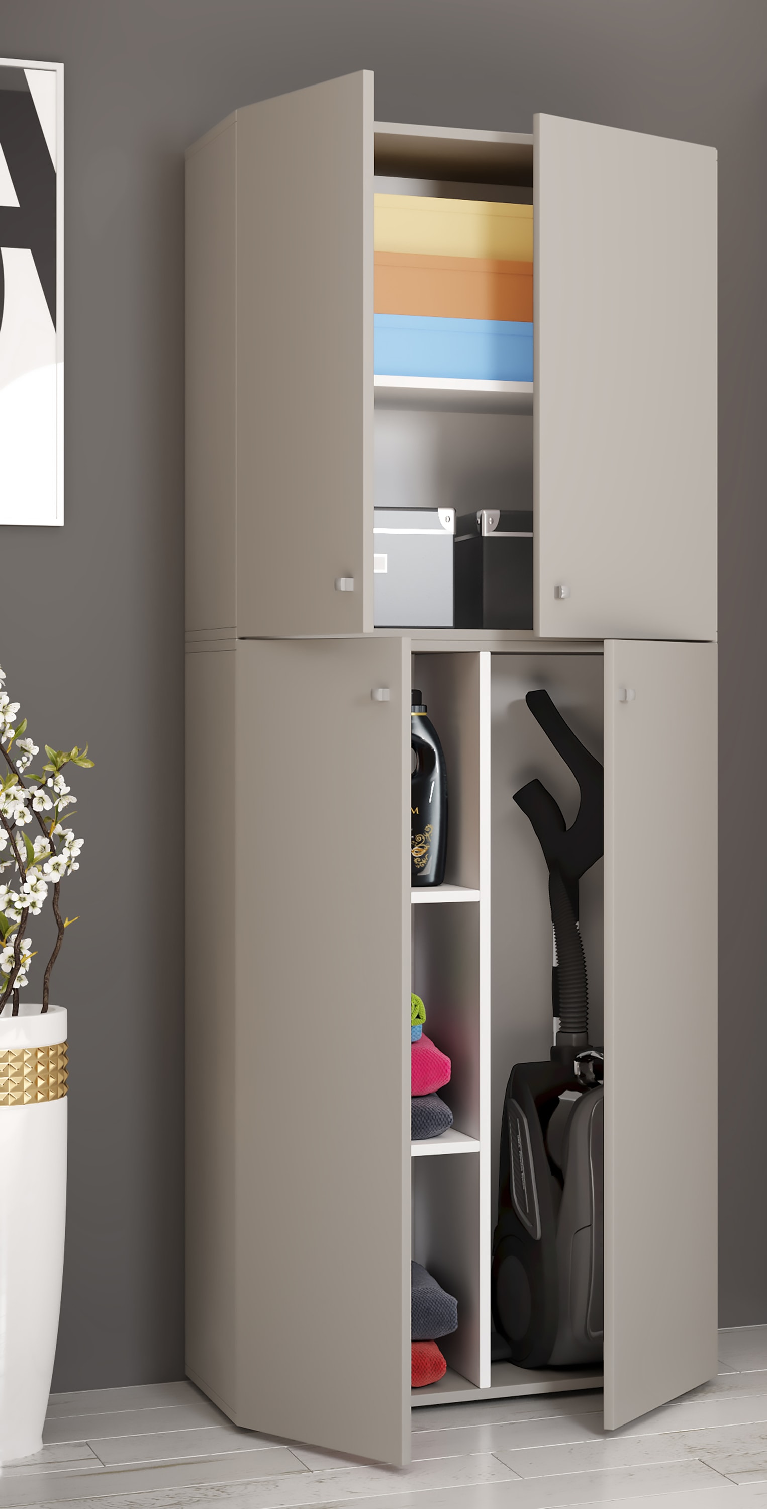 VCM Mehrzweckschrank »VCM Holz Besenschrank | 6 Fächer | Haushaltsschrank | Maße: B. 70 x H. 184 x T. 40 cm | 4 Drehtüren - Lona«, (1 St.)