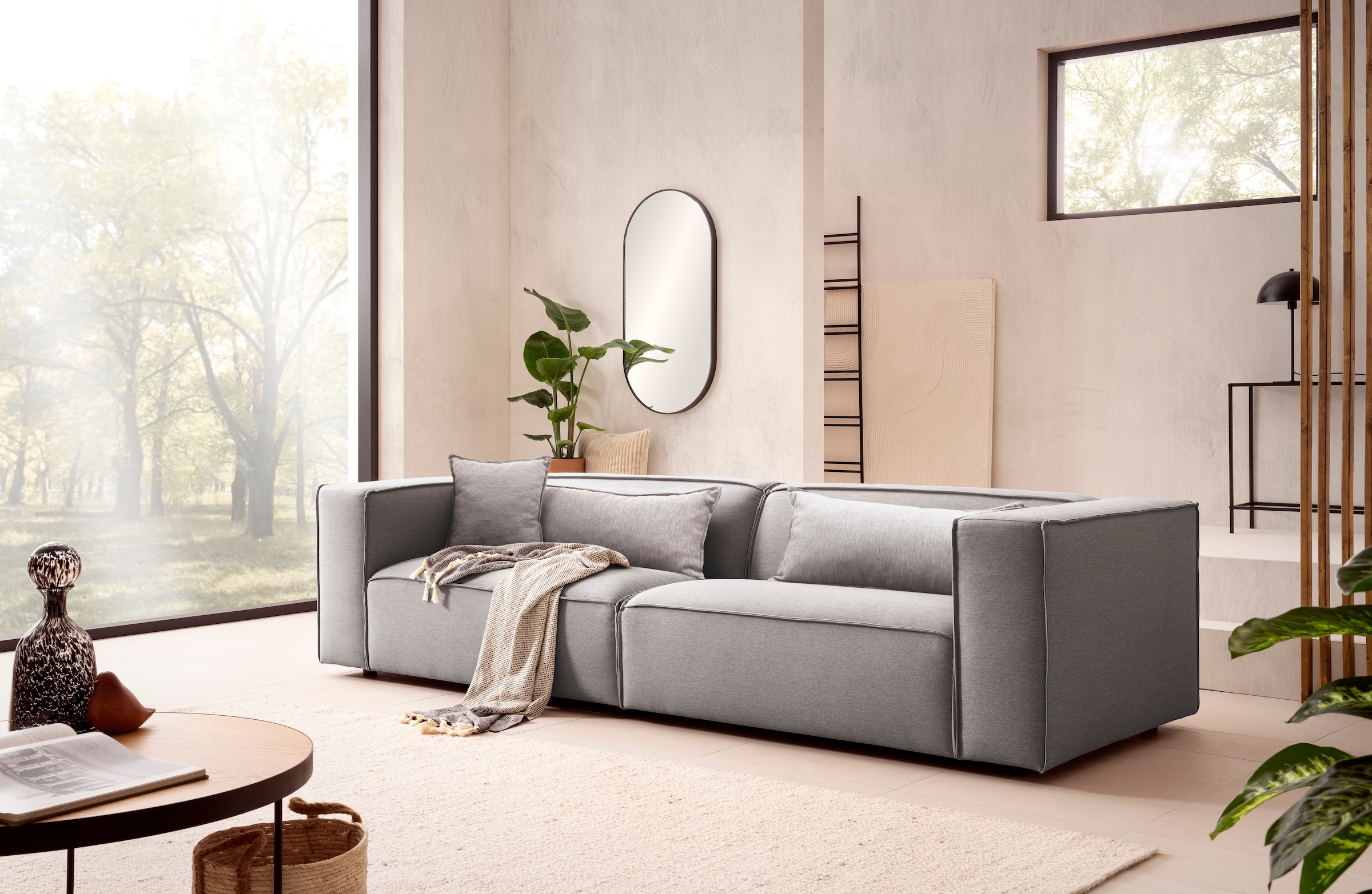 LeGer Home by Lena Gercke 3-Sitzer »PIARA, Couch mit Kedernaht, Sofa in Cord oder Leinenoptik«, schwarze Füße, bequemer Sitzkomfort