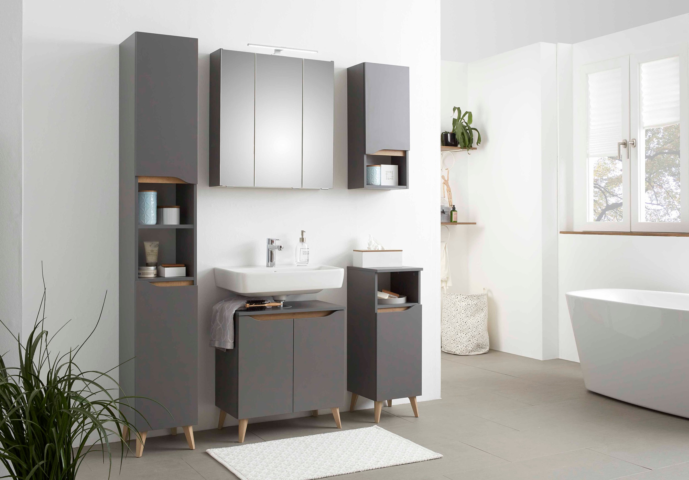 Saphir Badmöbel-Set »Quickset 5-teilig Waschbeckenunterschrank und LED-Spiegelschrank« 5 Stk. tlg.