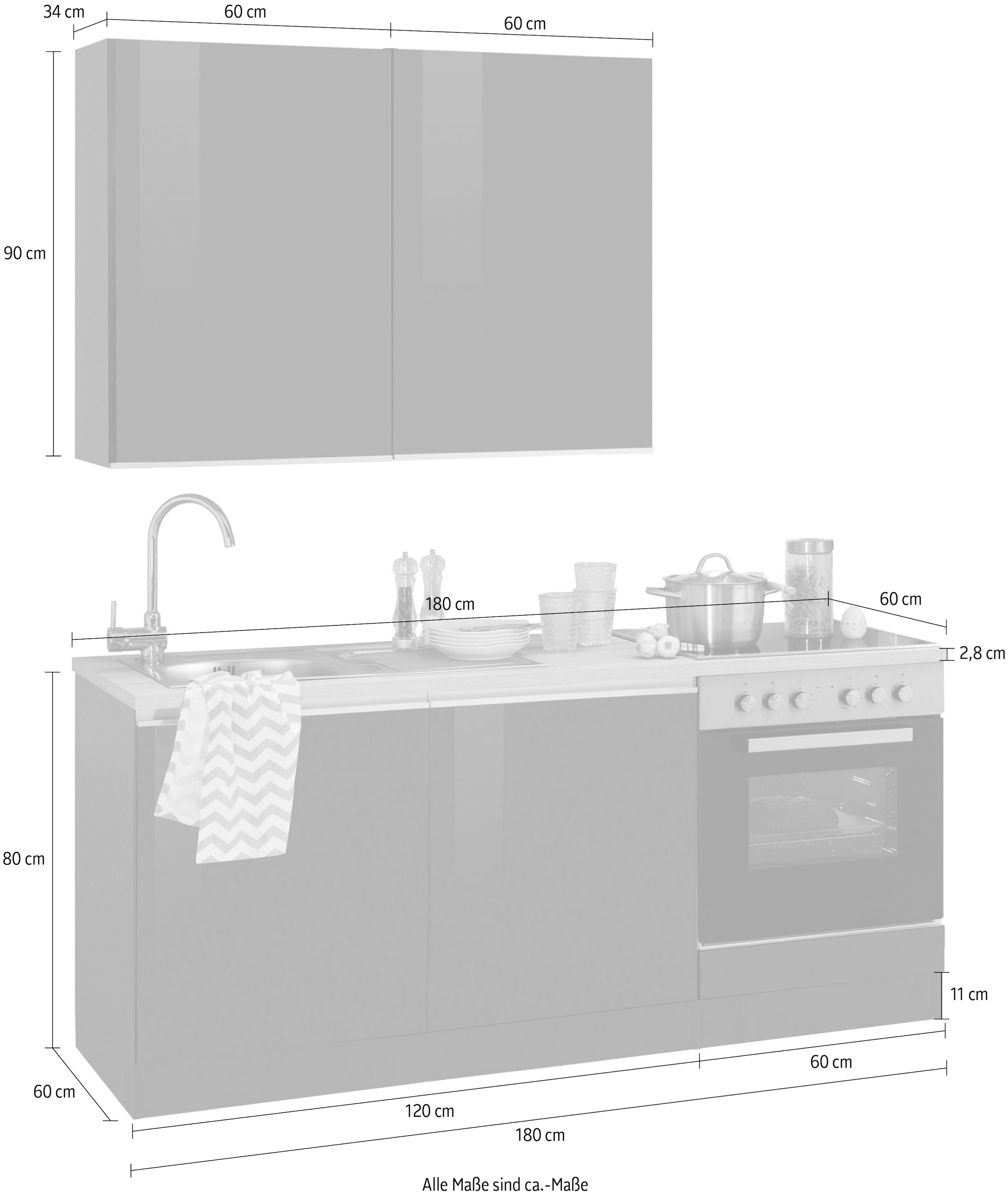KOCHSTATION Küchenzeile »KS-Ohio«, ohne E-Geräte, Breite 180 cm