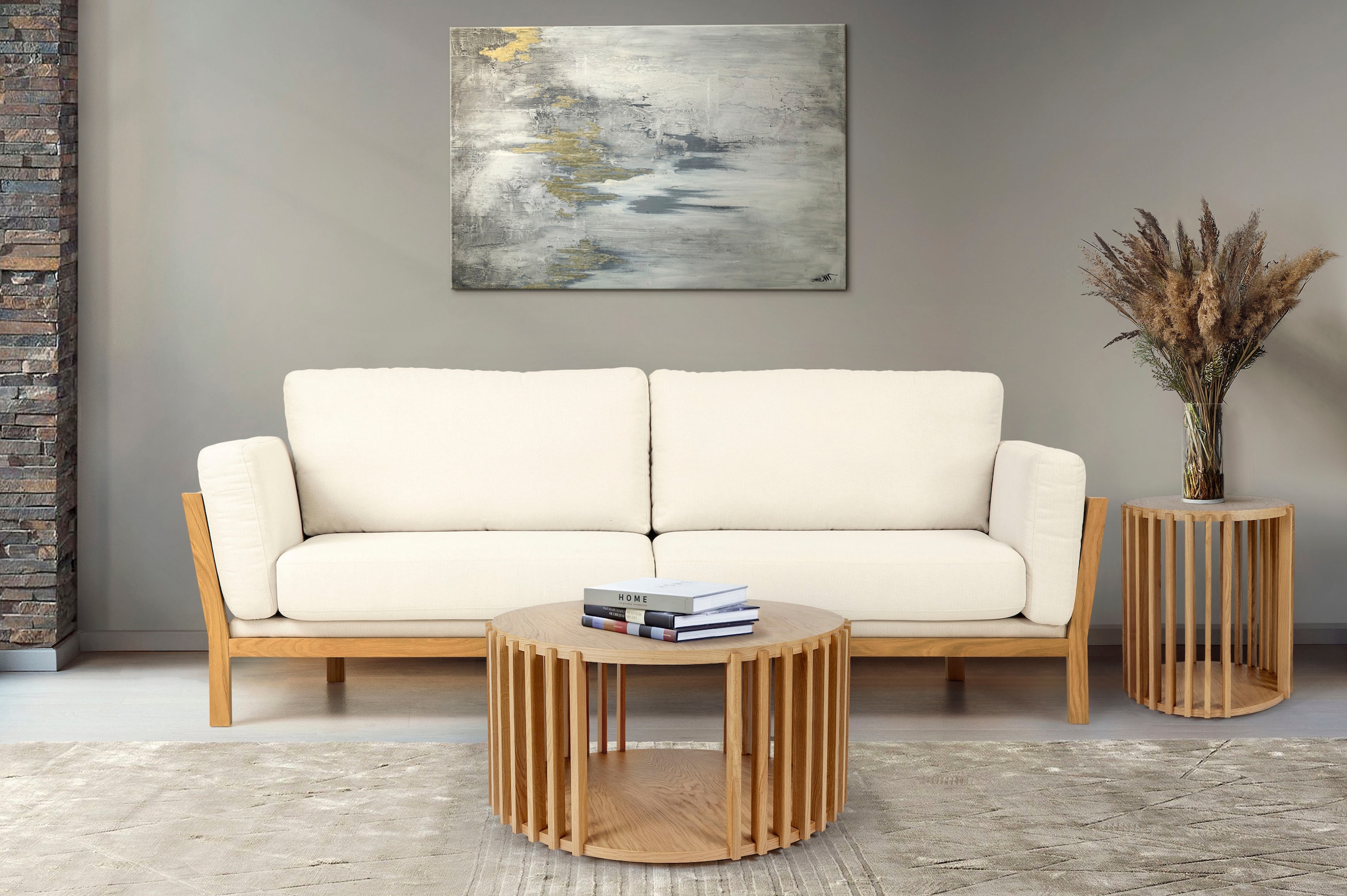 Woodman Couchtisch "Drum, Breite/Tiefe/Höhe: 83/83/42 cm" Holzfurnier aus Eiche, Sproßen aus massiver Eiche, FSC