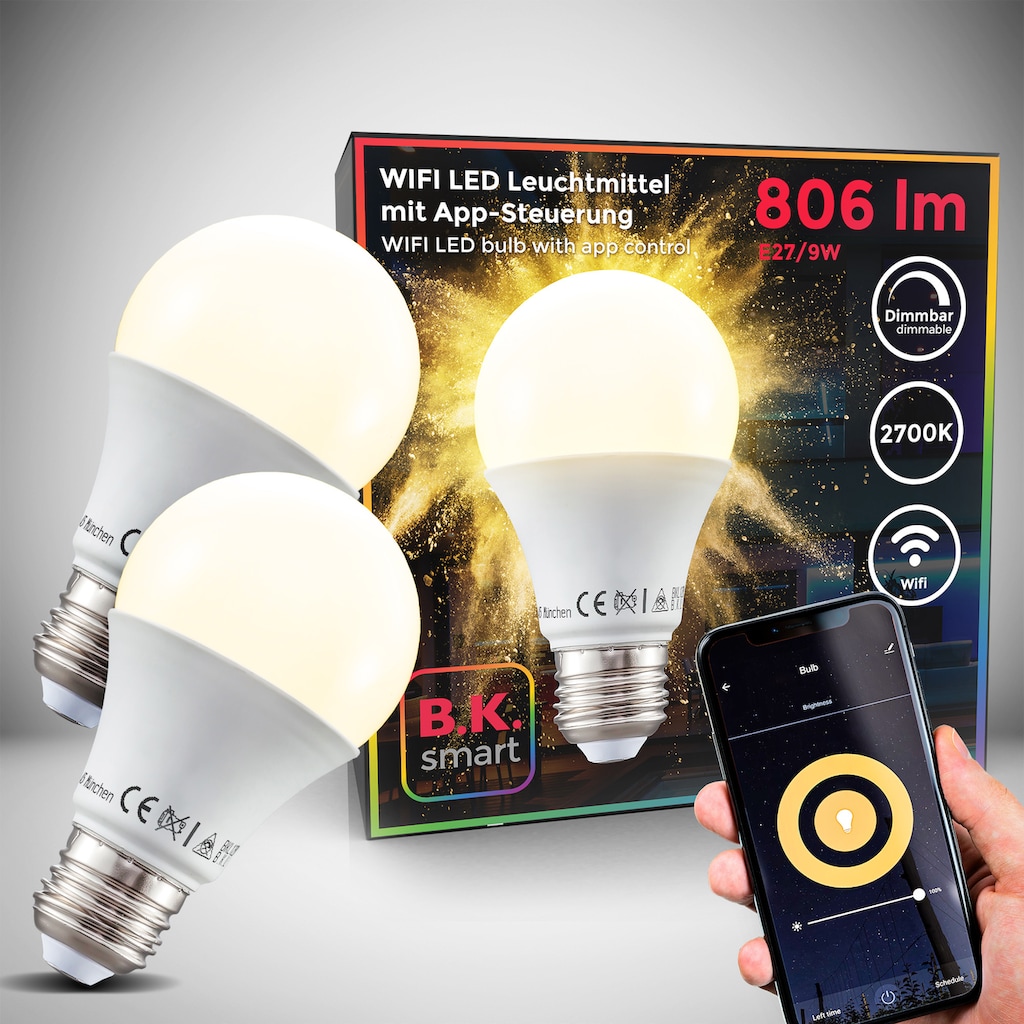 B.K.Licht LED-Leuchtmittel, E27, 2 St., Warmweiß