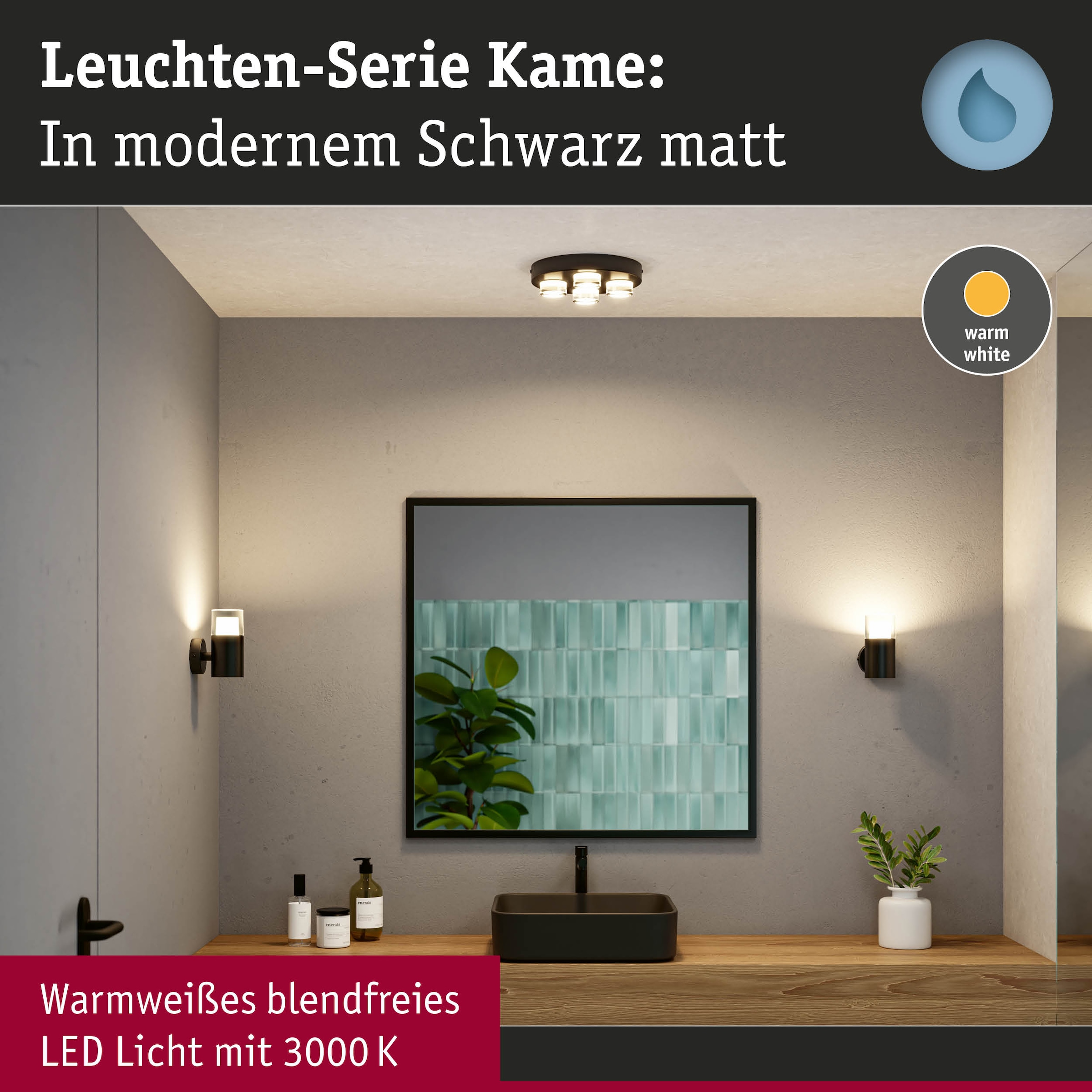 Paulmann Wandleuchte »Selection Bathroom Wand-/Deckenleuchte Kame IP44 Signalschwarz« 1 Stk. Warmweiß