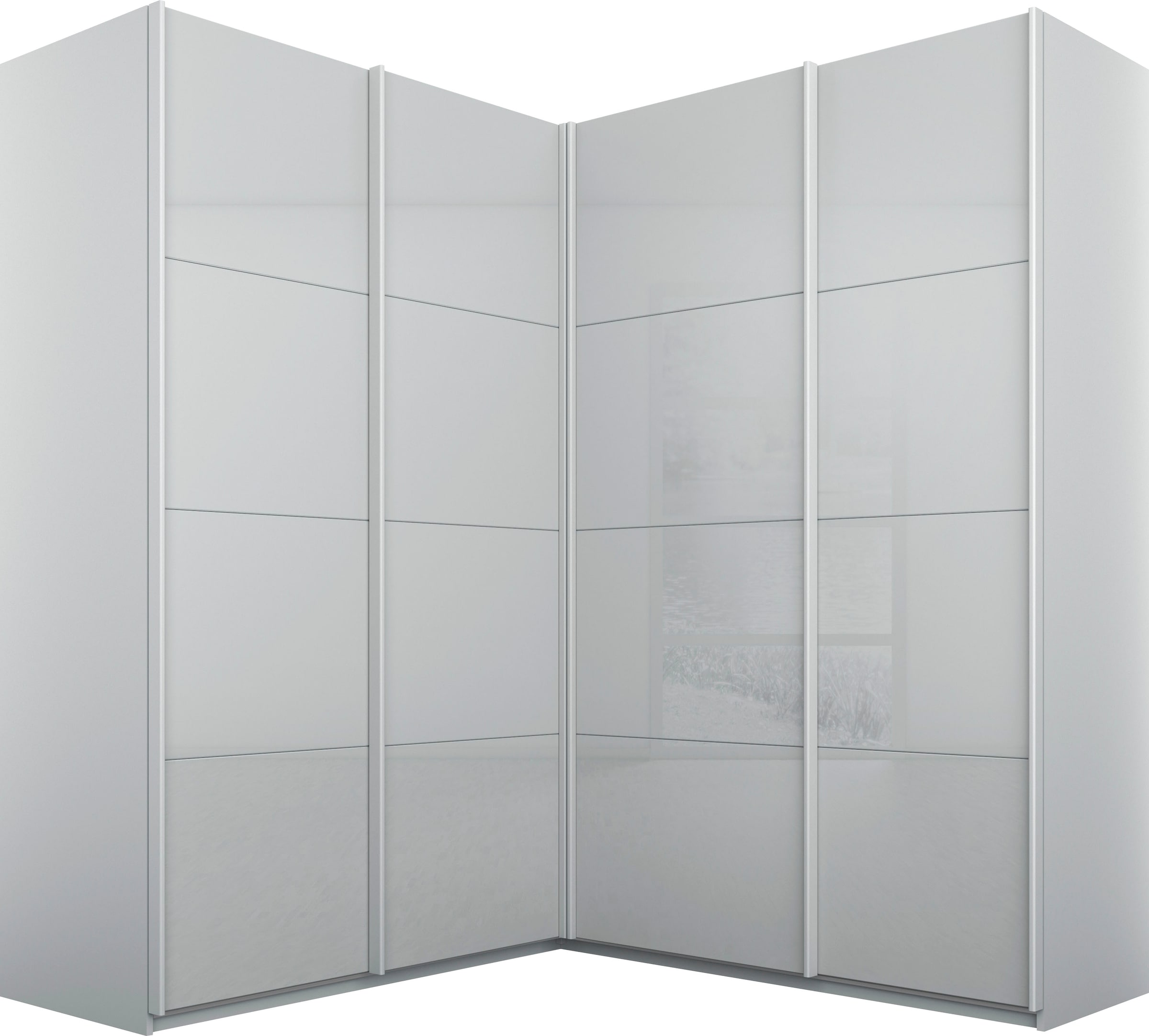 rauch Schwebetürenschrank "Kleiderschrank Garderobe Eckkleiderschrank QUADRA mit edler Glasfront" in den Höhen 210/229 cm, inkl. Soft-Close-Funktion, großer Eckschrank mit viel Stauraum, Maß 181x187 cm MADE IN GERMANY