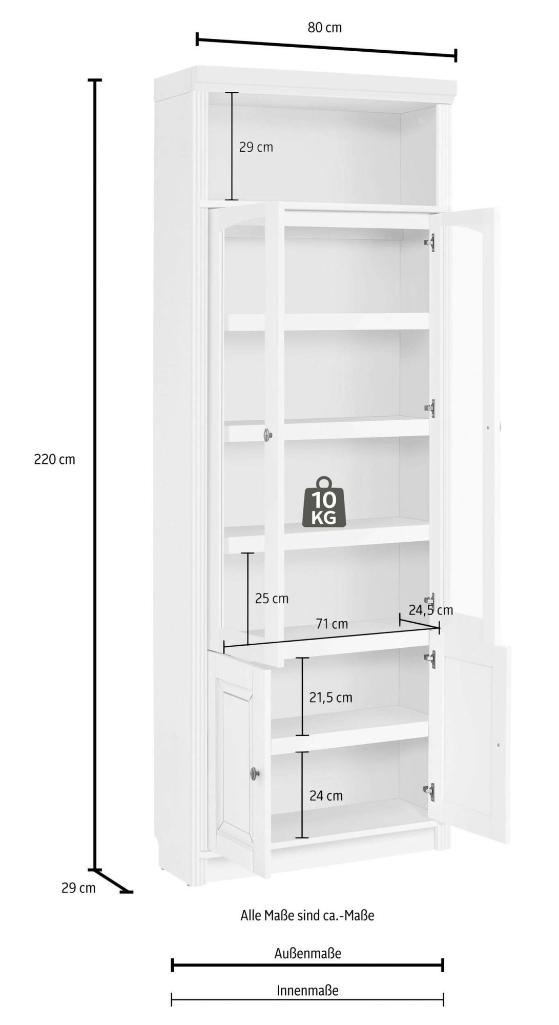 OTTO home Vitrine »Soeren Regal mit 2 Glastüren und 2 Holztüren, B/TH: 80/29/220 cm« Kiefer FSC®-zertifiziert, 1 offenes Fach, 6 Fächer hinter den Türen