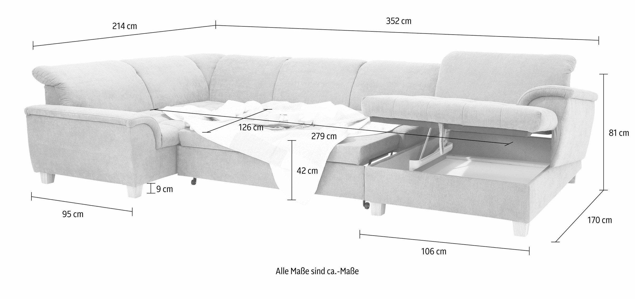 Home affaire Wohnlandschaft »Lyla U-Form«, wahlweise mit Rückenfunktion und zusätzlich mit Bett + Bettkasten